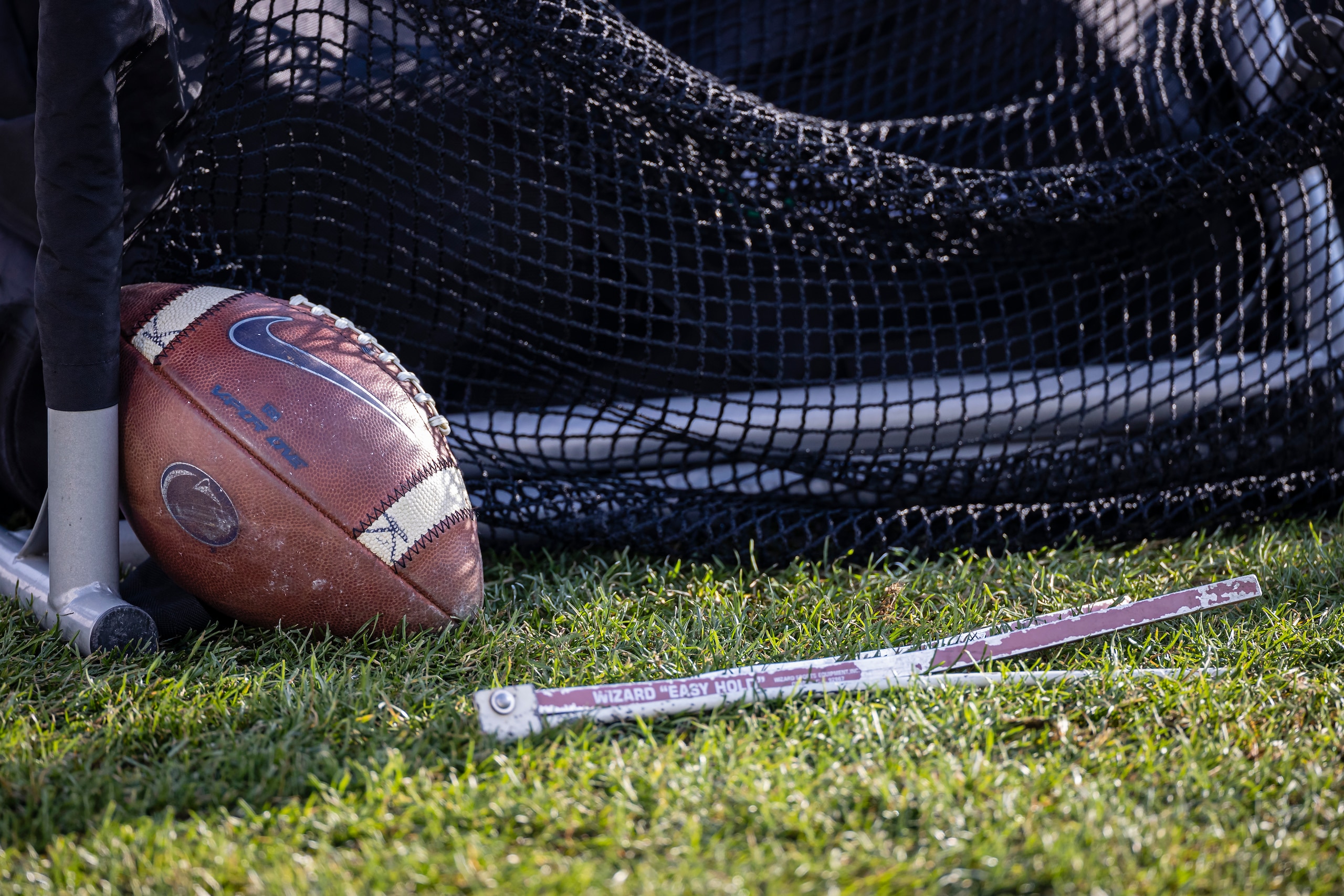 STATE COLLEGE, PA - DECEMBER 12: A detailed view of a Nike branded football with a Penn State Nittany Lions logo on the sidelines near a kicking net and tee during the second half of the game between the Penn State Nittany Lions and the Michigan State Spartans at Beaver Stadium on December 12, 2020 in State College, Pennsylvania. (Photo by Scott Taetsch/Getty Images) STATE COLLEGE, PA - DECEMBER 12: A detailed view of a Nike branded football with a Penn State Nittany Lions logo on the sidelines near a kicking net and tee during the second half of the game between the Penn State Nittany Lions and the Michigan State Spartans at Beaver Stadium on December 12, 2020 in State College, Pennsylvania. (Photo by Scott Taetsch/Getty Images)