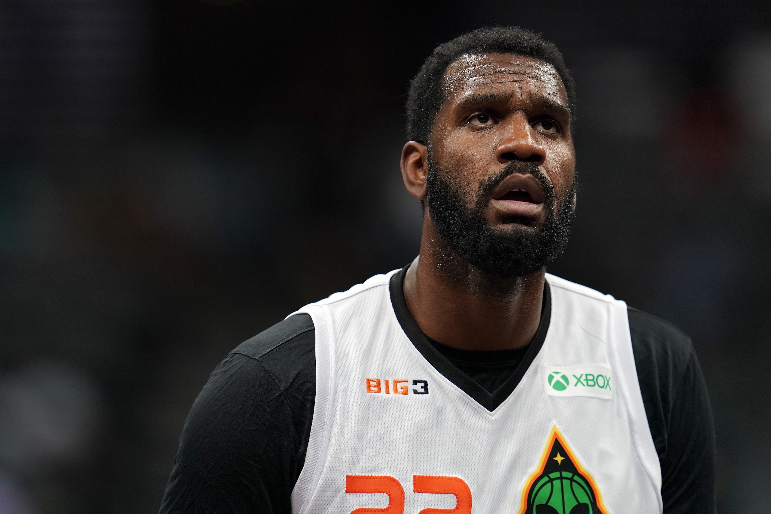 DALLAS, TEXAS - JULY 31: Greg Oden #22 of the Aliens looks on during the game against the Trilogy during BIG3 - Week Four at the American Airlines Center on July 31, 2021 in Dallas, Texas. (Photo by Cooper Neill/Getty Images for BIG3)