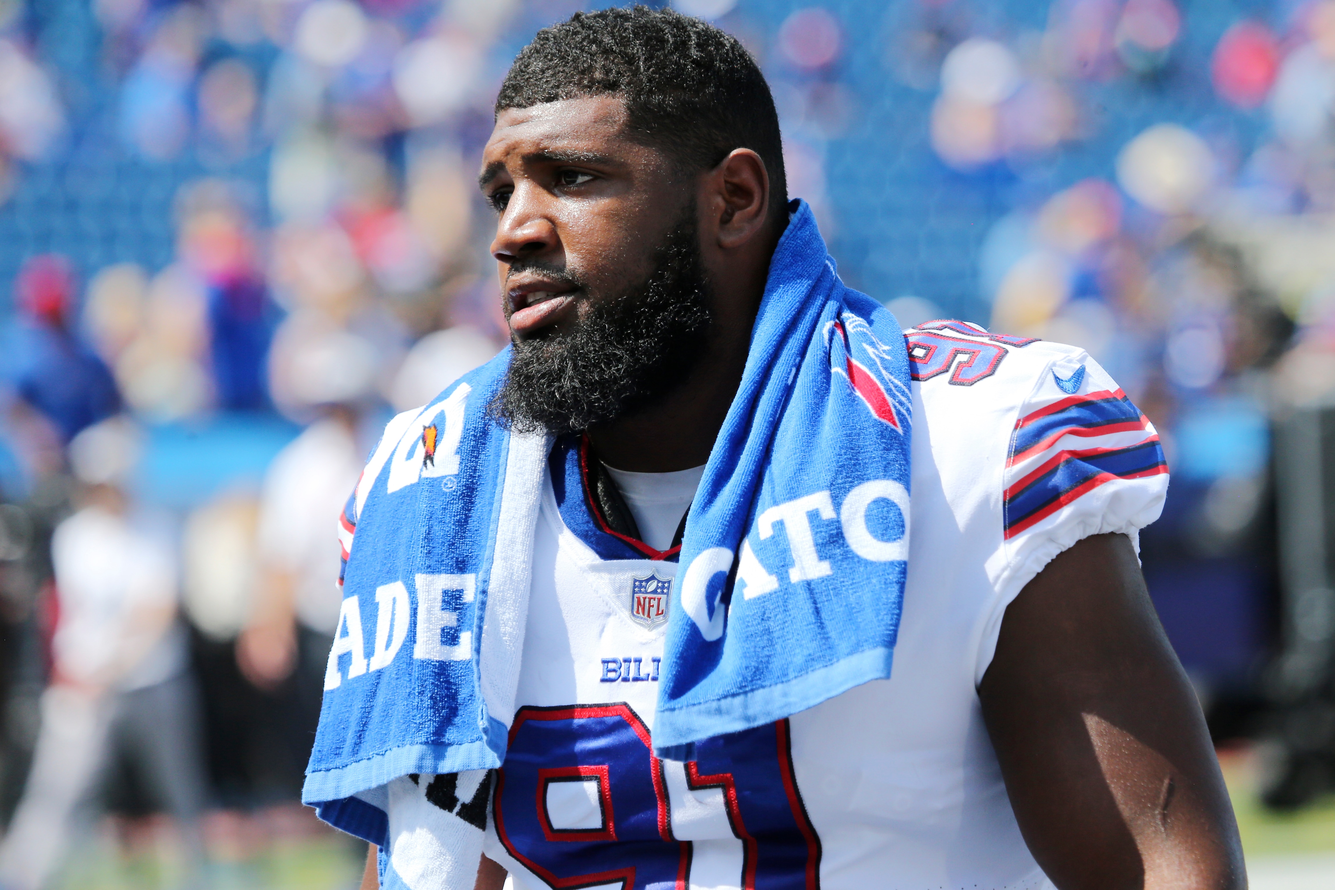 Buffalo Bills defensive tackle Ed Oliver (91) prior to the start of the first half of a preseason NFL football game, Saturday, Aug. 28, 2021, in Orchard Park, N.Y. (AP Photo/Jeffrey T. Barnes)
