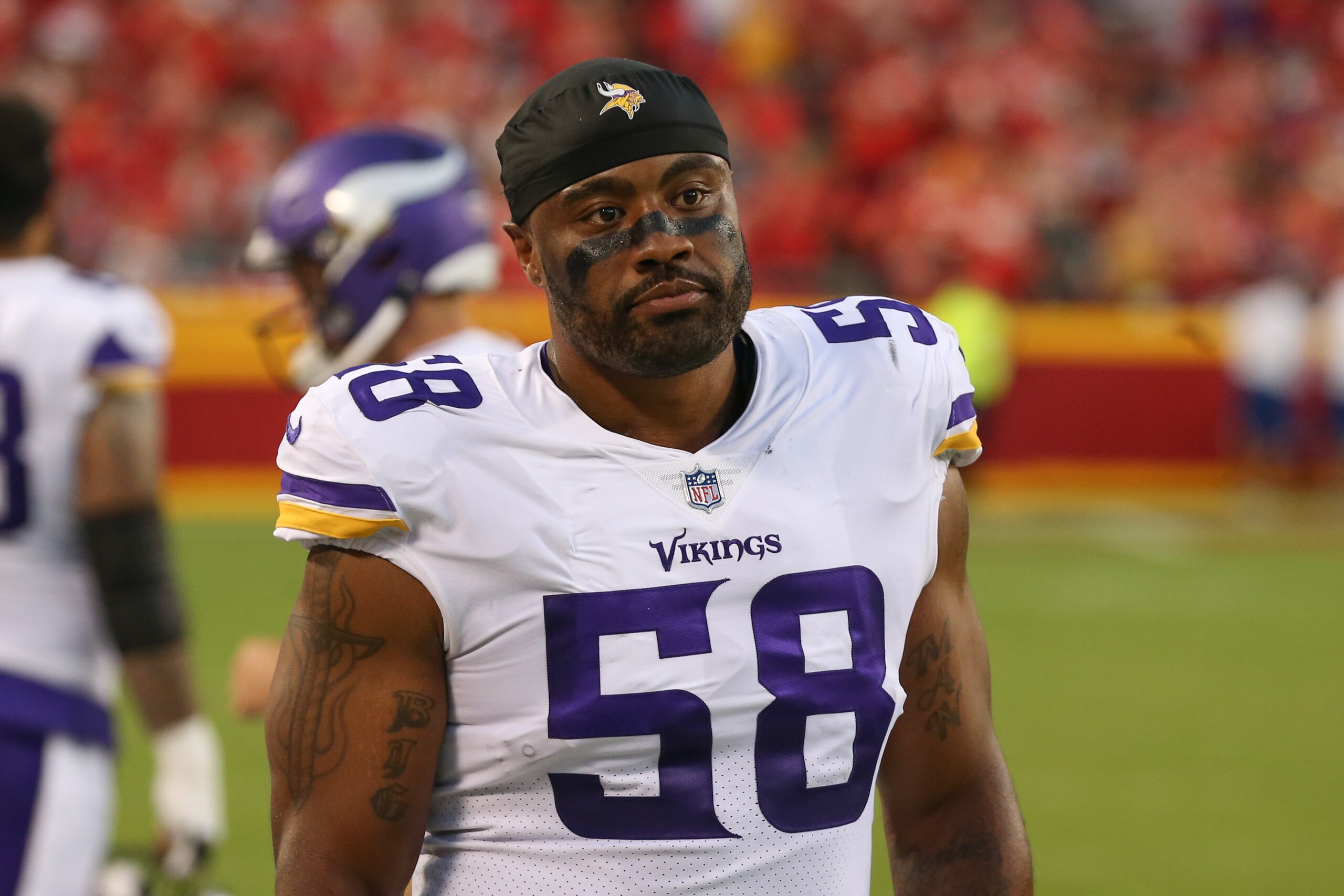 KANSAS CITY, MO - AUGUST 27: Minnesota Vikings defensive end Everson Griffen (58) on the sidelines in the first quarter of an NFL preseason game between the Minnesota Vikings and Kansas City Chiefs on Aug 27, 2021 at GEHA Field at Arrowhead Stadium in Kansas City, MO. (Photo by Scott Winters/Icon Sportswire via Getty Images)