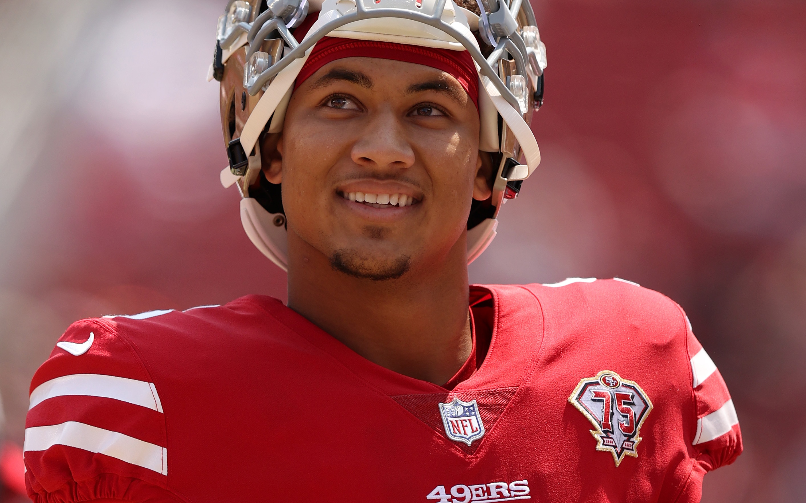 SANTA CLARA, CALIFORNIA - AUGUST 29: Trey Lance #5 of the San Francisco 49ers stands on the sidelines before their preseason game against the Las Vegas Raiders at Levi's Stadium on August 29, 2021 in Santa Clara, California. (Photo by Ezra Shaw/Getty Images)