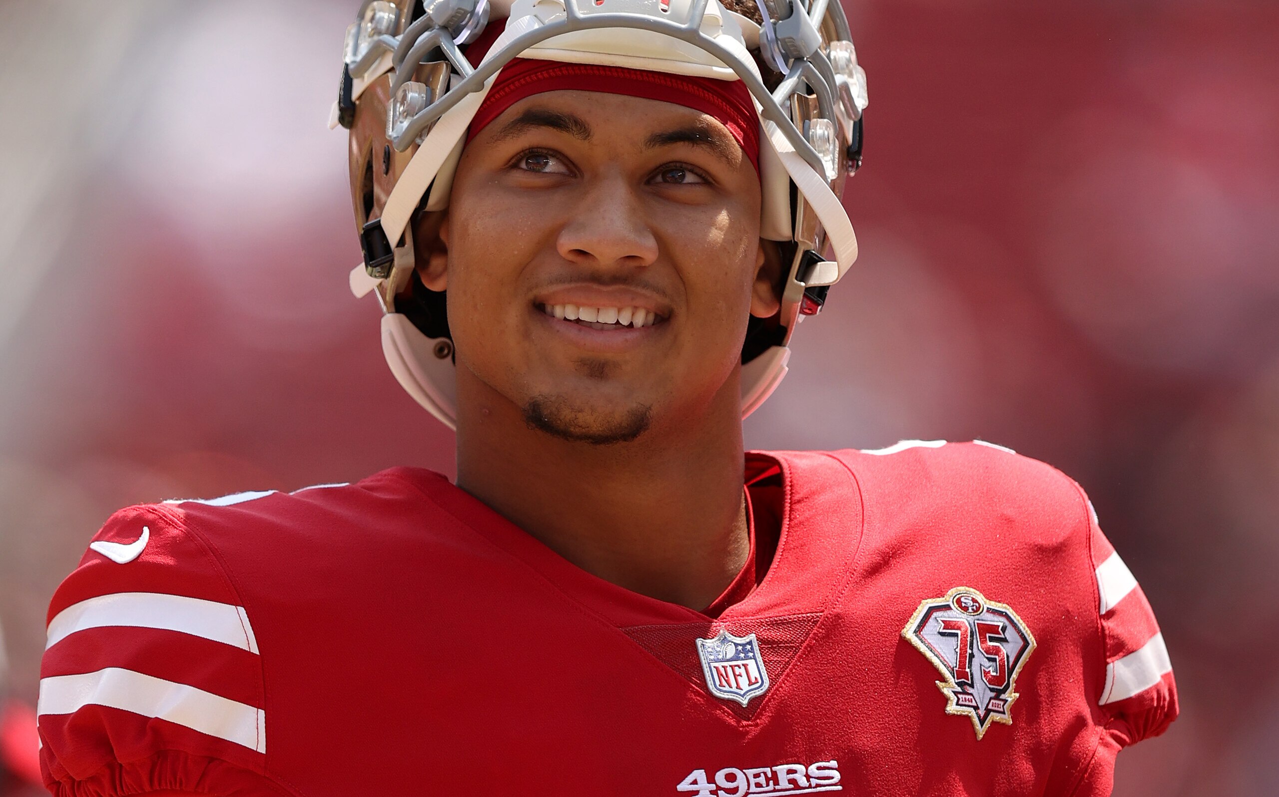 SANTA CLARA, CALIFORNIA - AUGUST 29: Trey Lance #5 of the San Francisco 49ers stands on the sidelines before their preseason game against the Las Vegas Raiders at Levi's Stadium on August 29, 2021 in Santa Clara, California. (Photo by Ezra Shaw/Getty Images)