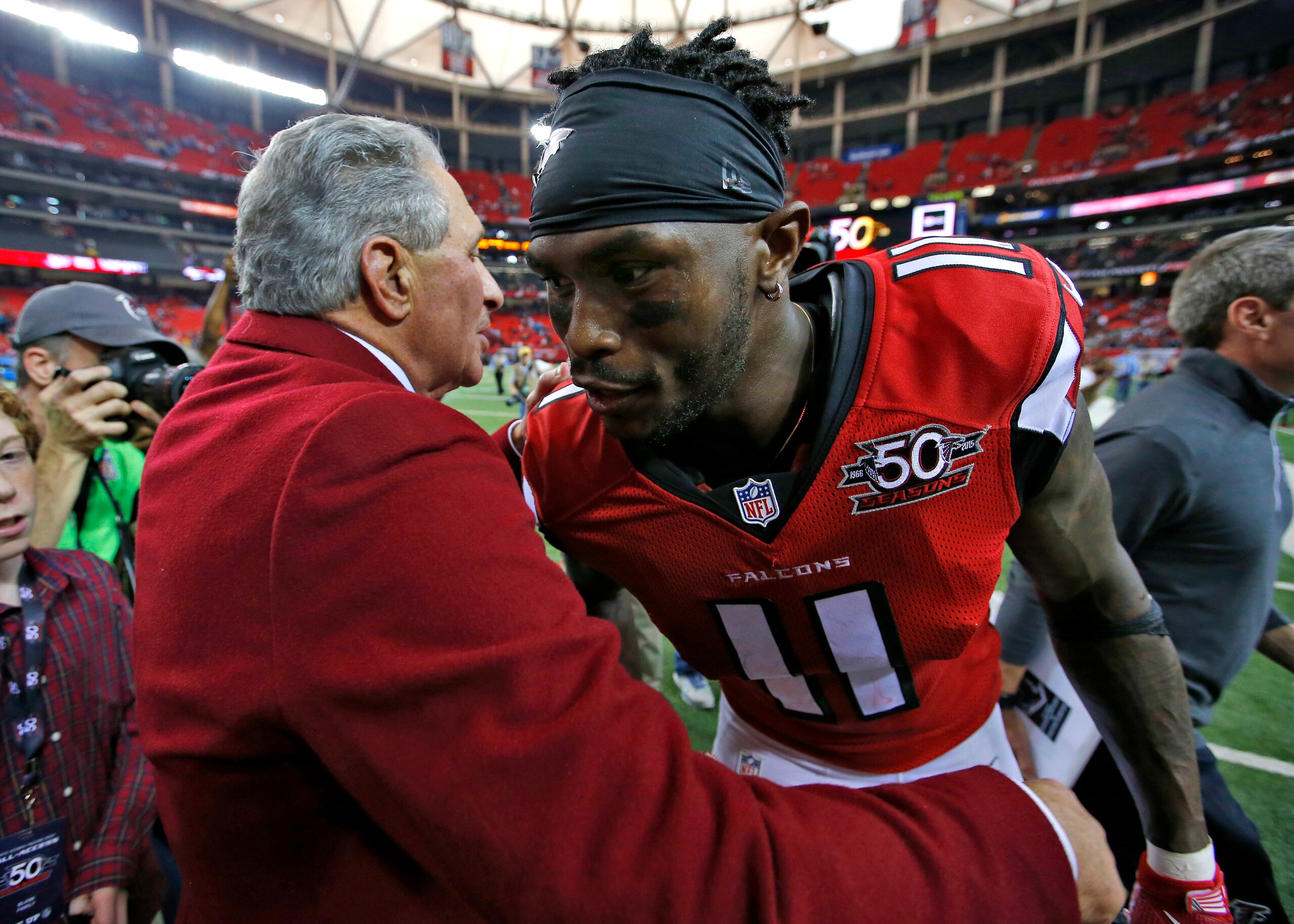 27 December 2015: Atlanta Falcons wide receiver Julio Jones (11) celebrates with Atlanta Falcons owner Arthur Blank following the Atlanta Falcons 20-13 victory over the Carolina Panthers at the Georgia Dome in Atlanta Georgia. (Photo by Todd Kirkland/Icon Sportswire) (Photo by Todd Kirkland/Icon Sportswire/Corbis/Icon Sportswire via Getty Images)
