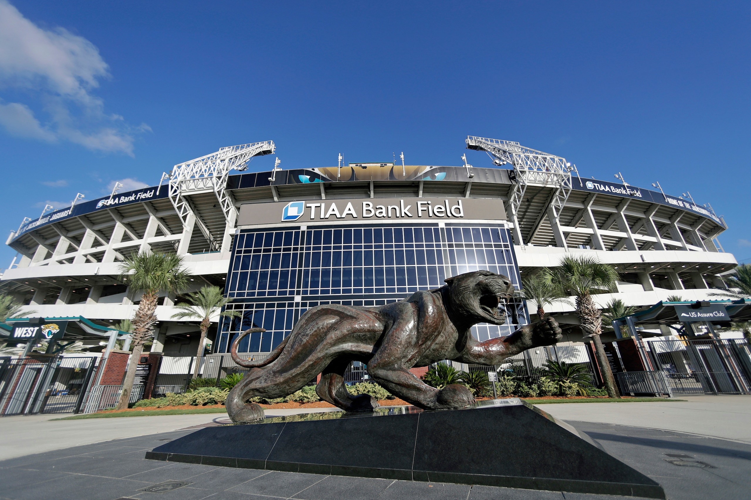 FILE - This Sept. 23, 2018, file photo, shows the exterior of TIAA Bank Field stadium, home of the  NFL football team Jacksonville Jaguars, in Jacksonville, Fla. The NFL announced Wednesday, Sept. 1, 2021, that the New Orleans Saints will host the Green bay Packers in Jacksonville, Fla., in a Sept. 12 season opener after being displaced by Hurricane Ida. (AP Photo/John Raoux, File)