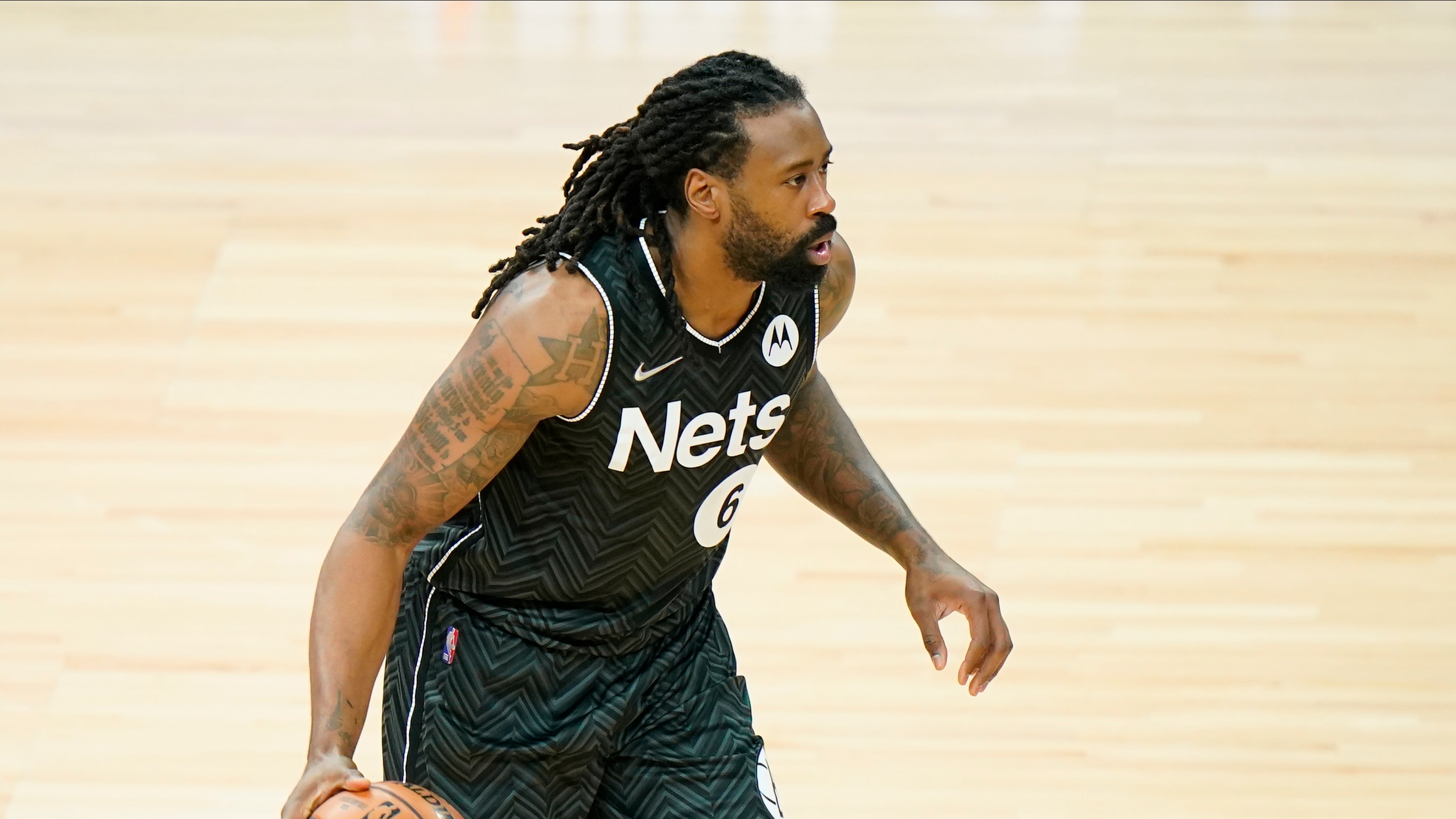 Brooklyn Nets' DeAndre Jordan plays during an NBA basketball game against the Philadelphia 76ers, Wednesday, April 14, 2021, in Philadelphia. (AP Photo/Matt Slocum)