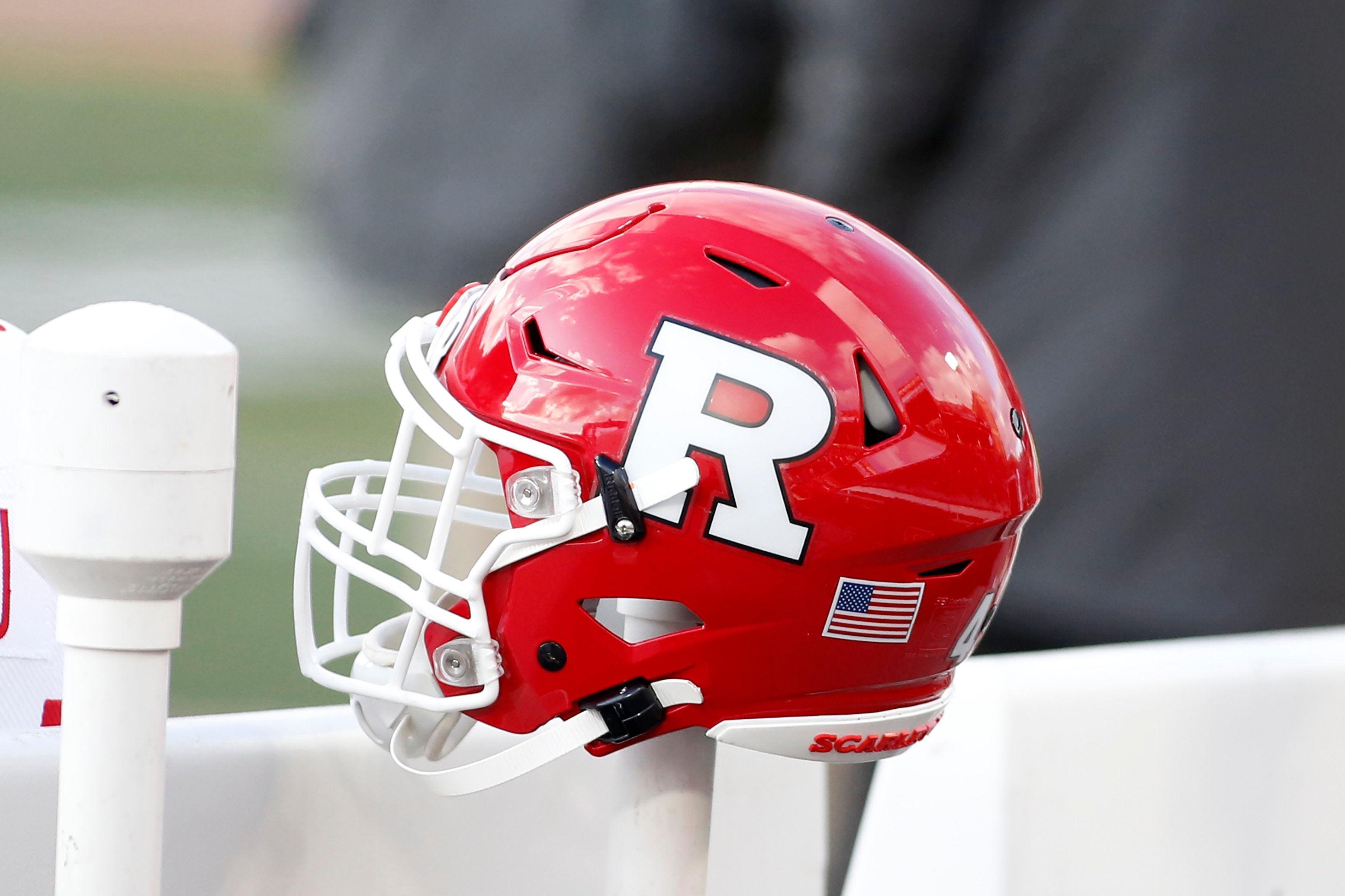 CHAMPAIGN, ILLINOIS - NOVEMBER 02: The Rutgers Scarlet Knights helmet on the sidelines in the game against the Illinois Fighting Illini at Memorial Stadium on November 02, 2019 in Champaign, Illinois. (Photo by Justin Casterline/Getty Images)