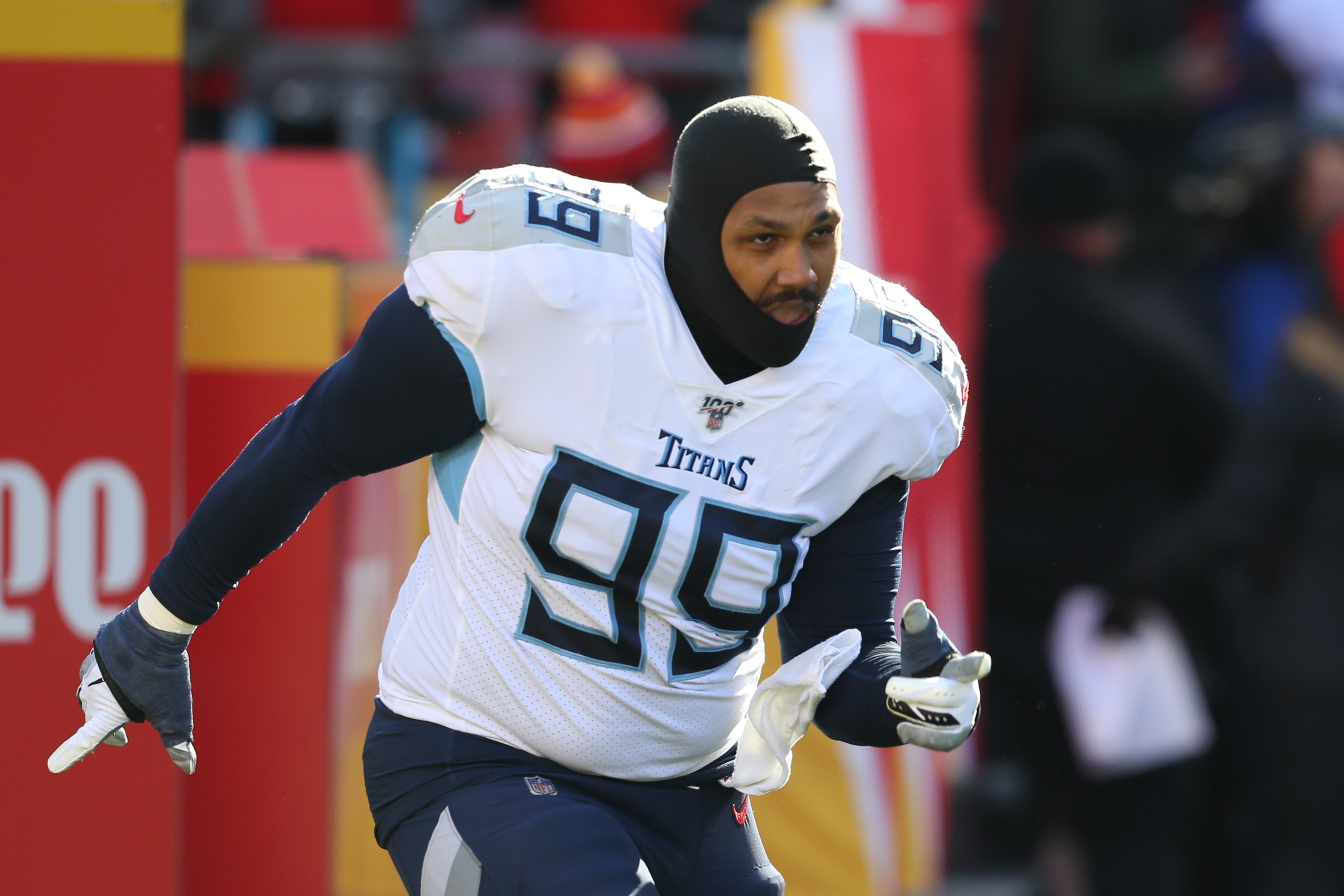 KANSAS CITY, MO - JANUARY 19: Tennessee Titans defensive end Jurrell Casey (99) before the AFC Championship game between the Tennessee Titans and Kansas City Chiefs on January 19, 2020 at Arrowhead Stadium in Kansas City, MO. (Photo by Scott Winters/Icon Sportswire via Getty Images)