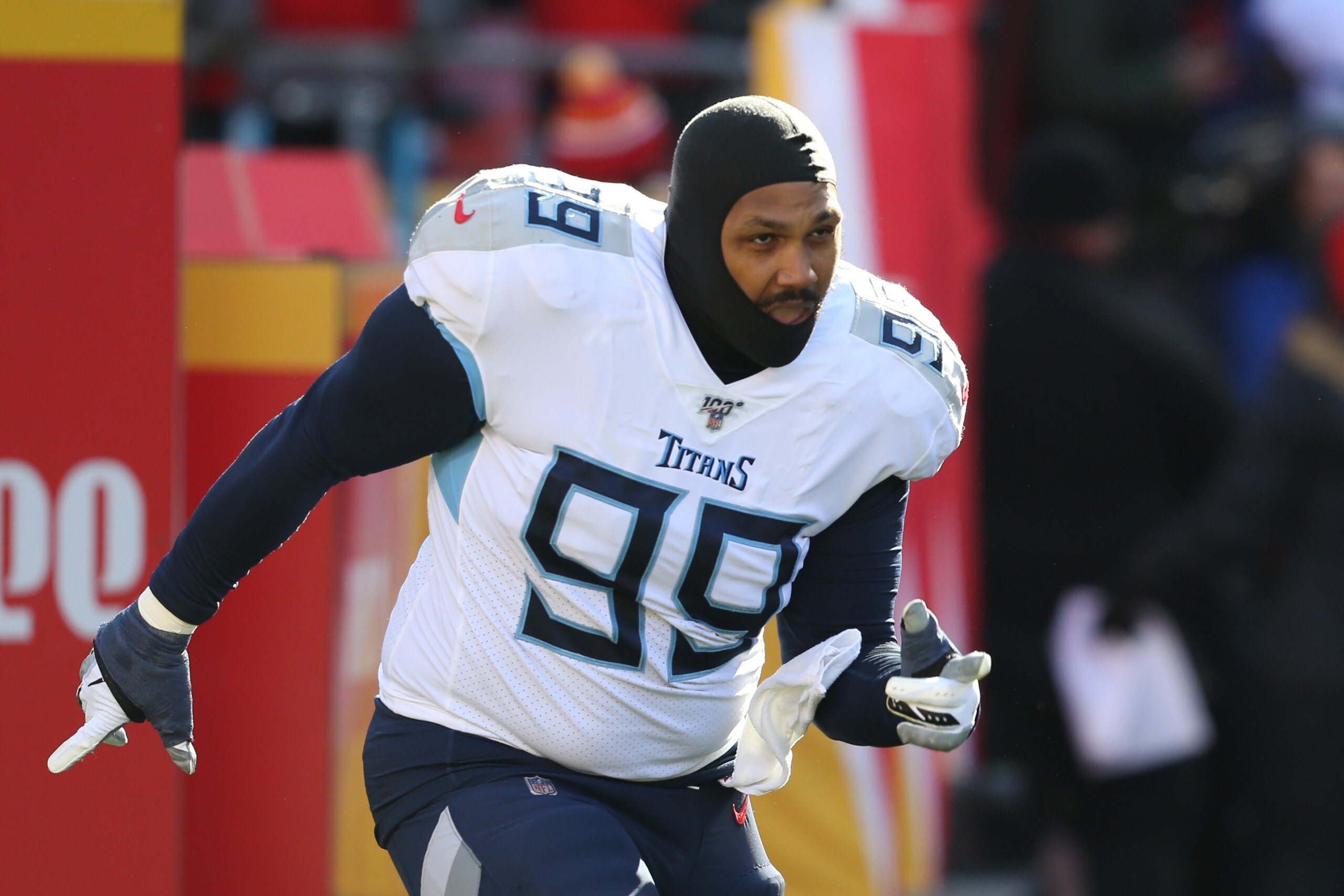 KANSAS CITY, MO - JANUARY 19: Tennessee Titans defensive end Jurrell Casey (99) before the AFC Championship game between the Tennessee Titans and Kansas City Chiefs on January 19, 2020 at Arrowhead Stadium in Kansas City, MO. (Photo by Scott Winters/Icon Sportswire via Getty Images)