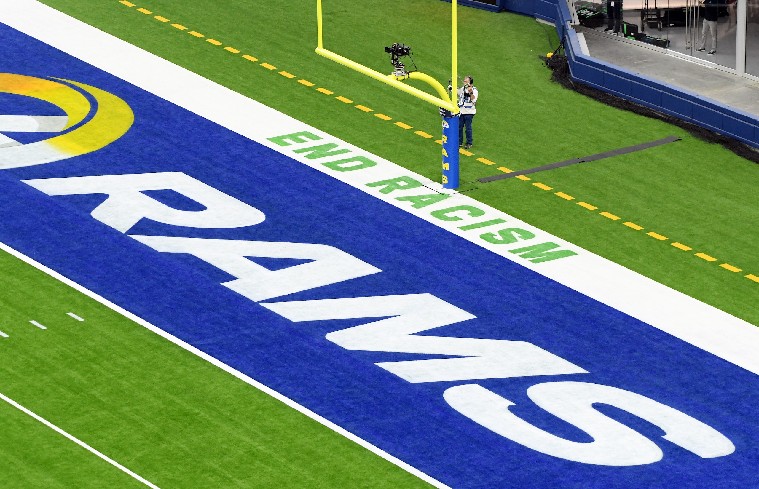 INGLEWOOD, CALIFORNIA - SEPTEMBER 13: The message "End Racism" is seen in the end zone during the game between the Dallas Cowboys and the Los Angeles Rams at SoFi Stadium on September 13, 2020 in Inglewood, California. (Photo by Harry How/Getty Images)