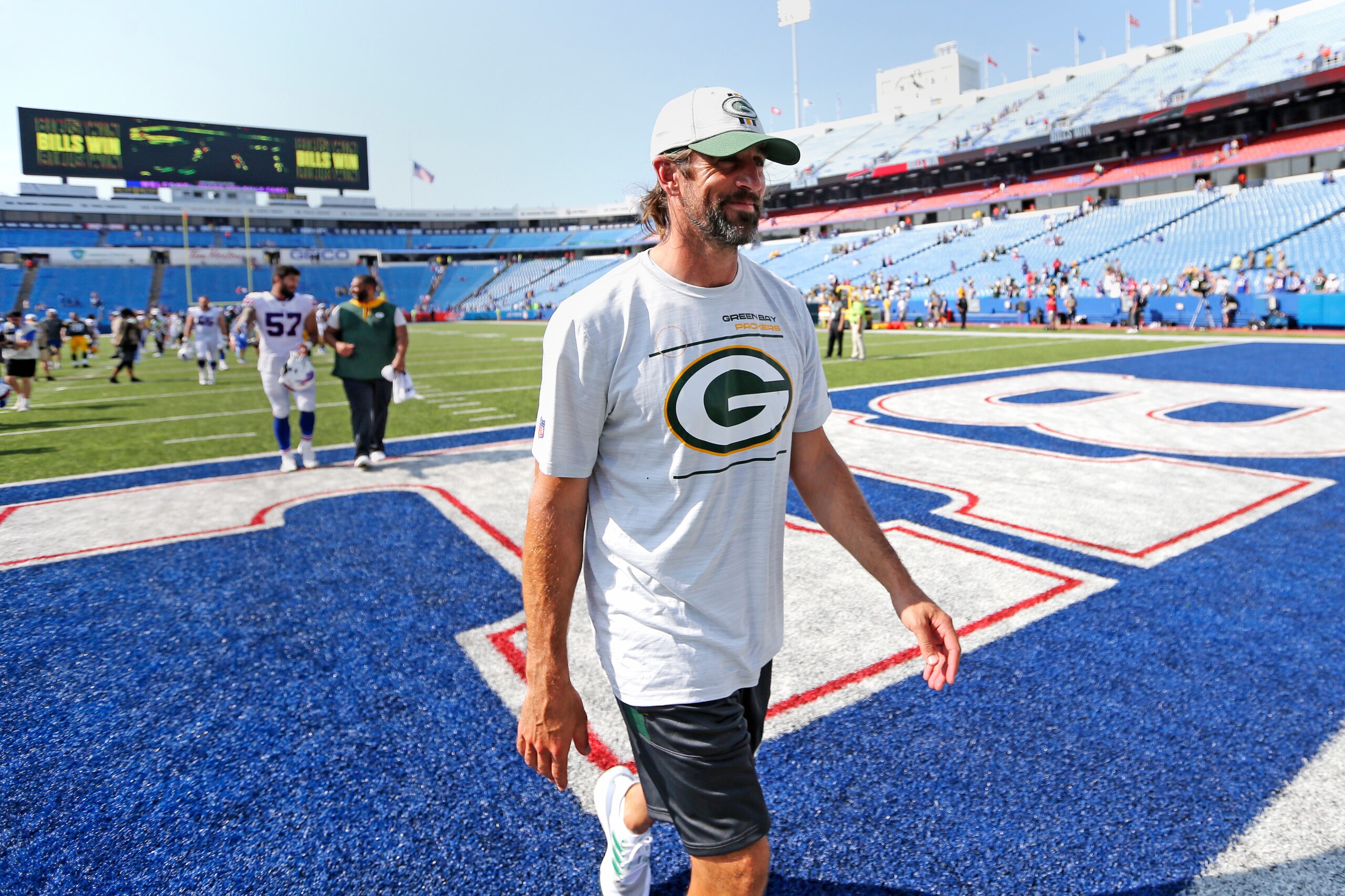 Green Bay Packers quarterback Aaron Rodgers heads to the locker room after a loss to the Buffalo Bills in a preseason NFL football game, Saturday, Aug. 28, 2021, in Orchard Park, N.Y. (AP Photo/Jeffrey T. Barnes)