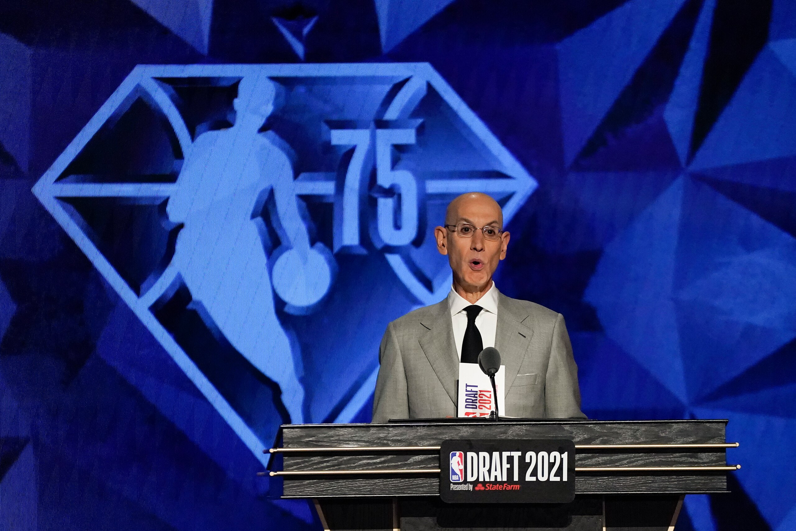 NBA Commissioner Adam Silver speaks at the start of the NBA basketball draft, Thursday, July 29, 2021, in New York. (AP Photo/Corey Sipkin)