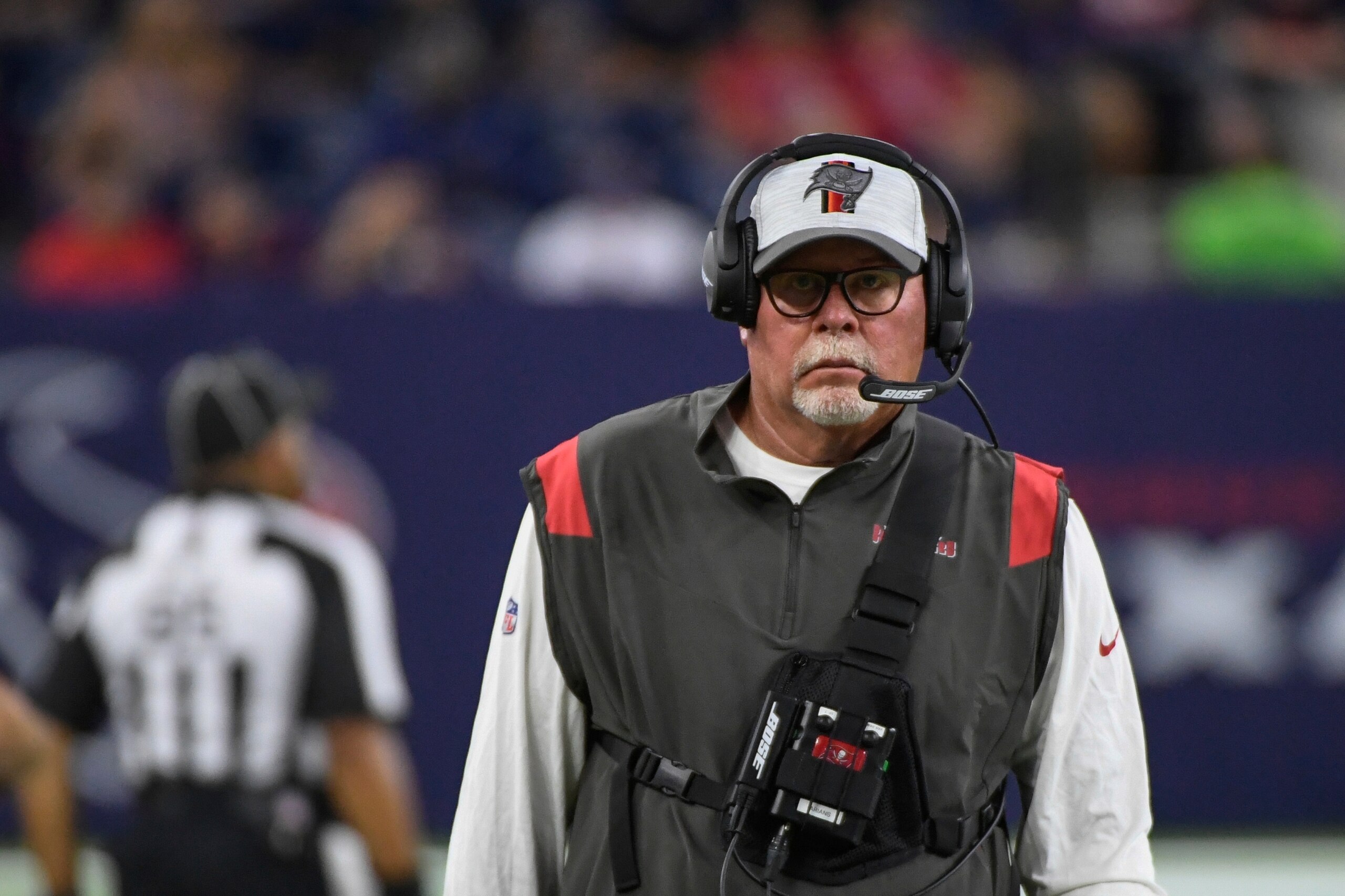 Tampa Bay Buccaneers head coach Bruce Arians on the sideline against the Houston Texans during the second half of an NFL preseason football game Saturday, Aug. 28, 2021, in Houston. (AP Photo/Justin Rex)