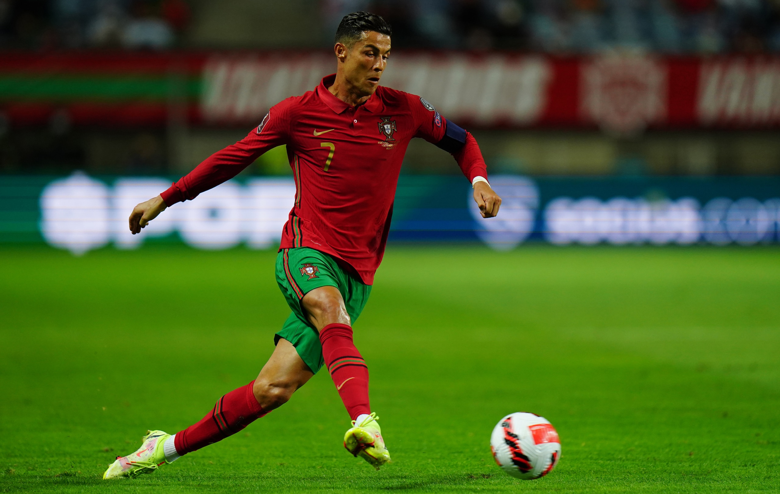 LOULE, PORTUGAL - SEPTEMBER 01: Cristiano Ronaldo of Manchester United and Portugal in action during the World Cup 2022 Qualifier match between Portugal and Republic of Ireland at Estadio Algarve on September 1, 2021 in Loule, Portugal.  (Photo by Gualter Fatia/Getty Images)