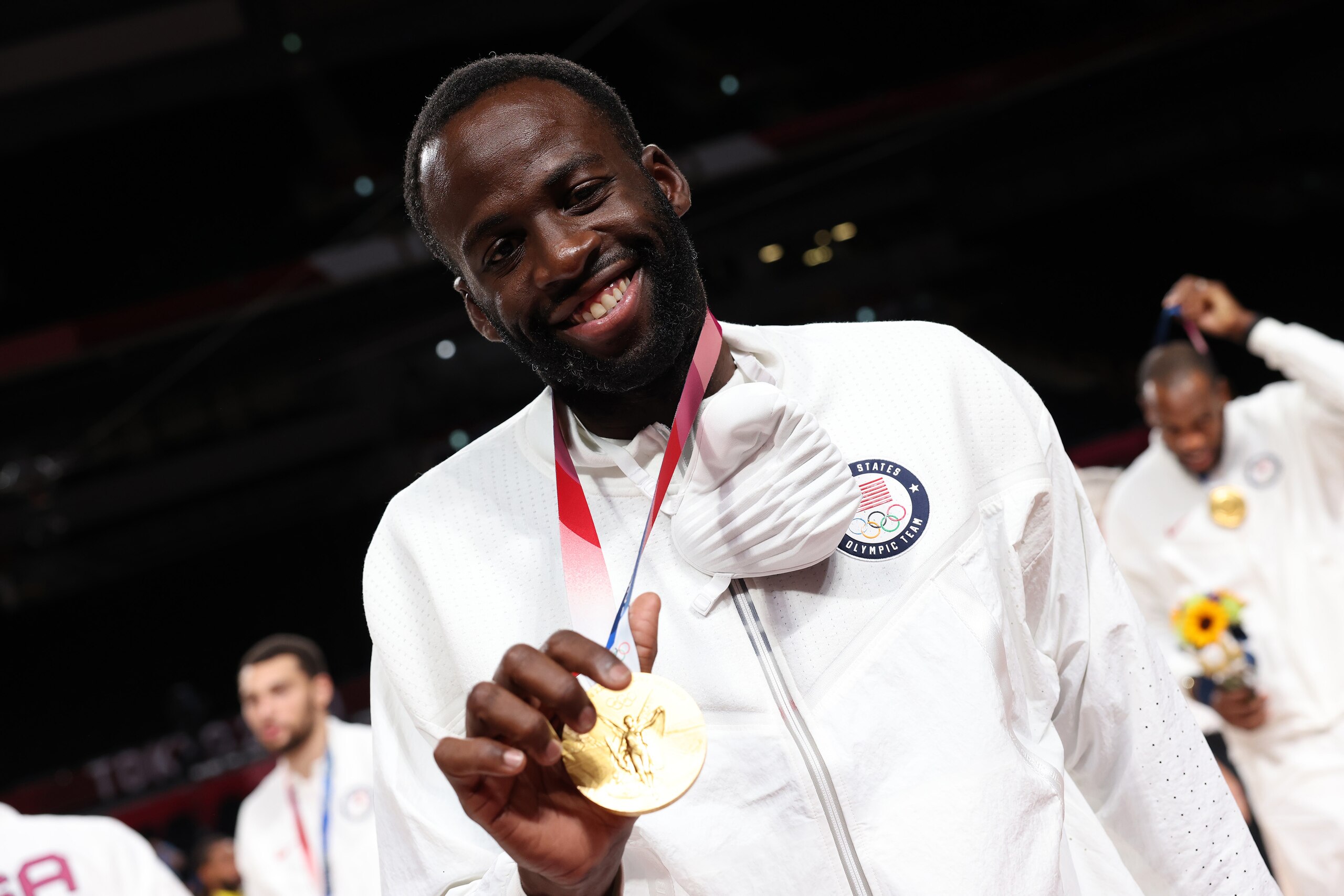 TOKYO, JAPAN - AUGUST 7: Draymond Green #14 of the USA Men's National Team poses for a picture during the Medal Ceremony of the 2020 Tokyo Olympics at the Saitama Super Arena on August 7, 2021 in Tokyo, Japan. NOTE TO USER: User expressly acknowledges and agrees that, by downloading and/or using this Photograph, user is consenting to the terms and conditions of the Getty Images License Agreement. Mandatory Copyright Notice: Copyright 2021 NBAE (Photo by Ned Dishman/NBAE via Getty Images) TOKYO, JAPAN - AUGUST 7: Draymond Green #14 of the USA Men's National Team poses for a picture during the Medal Ceremony of the 2020 Tokyo Olympics at the Saitama Super Arena on August 7, 2021 in Tokyo, Japan. NOTE TO USER: User expressly acknowledges and agrees that, by downloading and/or using this Photograph, user is consenting to the terms and conditions of the Getty Images License Agreement. Mandatory Copyright Notice: Copyright 2021 NBAE (Photo by Ned Dishman/NBAE via Getty Images)