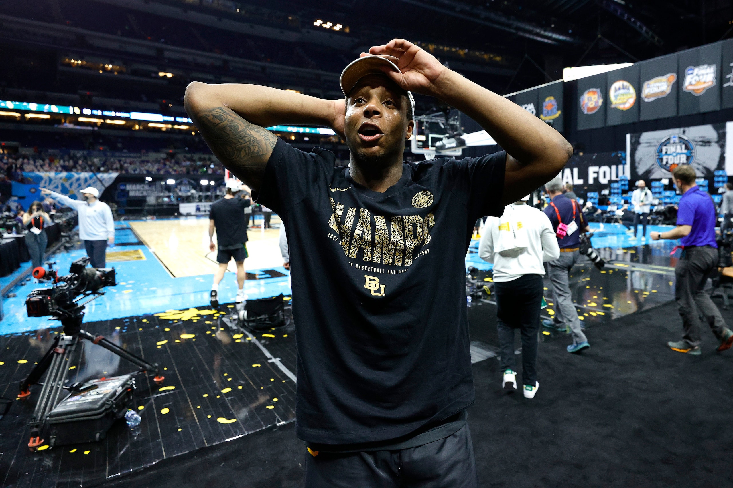 INDIANAPOLIS, INDIANA - APRIL 05: Mark Vital #11 of the Baylor Bears celebrates after defeating the Gonzaga Bulldogs 86-70 in the National Championship game of the 2021 NCAA Men's Basketball Tournament at Lucas Oil Stadium on April 05, 2021 in Indianapolis, Indiana. (Photo by Tim Nwachukwu/Getty Images)