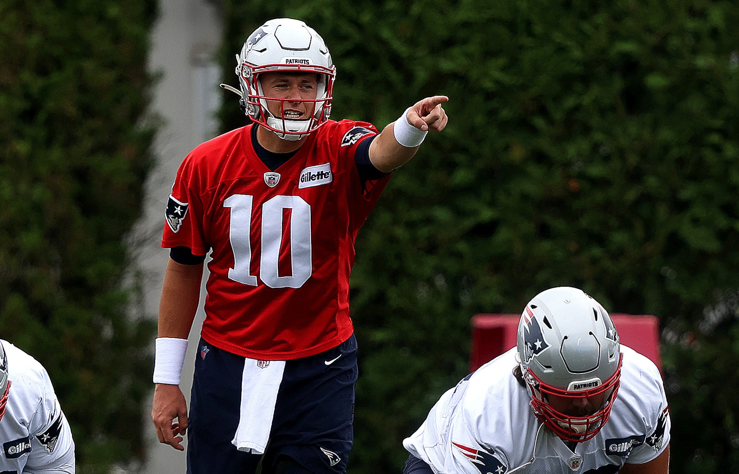 Foxborough, MA - August 31: New England Patriots quarterback Mac Jones (10) is the new starting quarterback, pictured at practice on roster cut deadline day at Gillette Stadium in Foxborough, MA on Aug. 31, 2021. (Photo by Barry Chin/The Boston Globe via Getty Images)