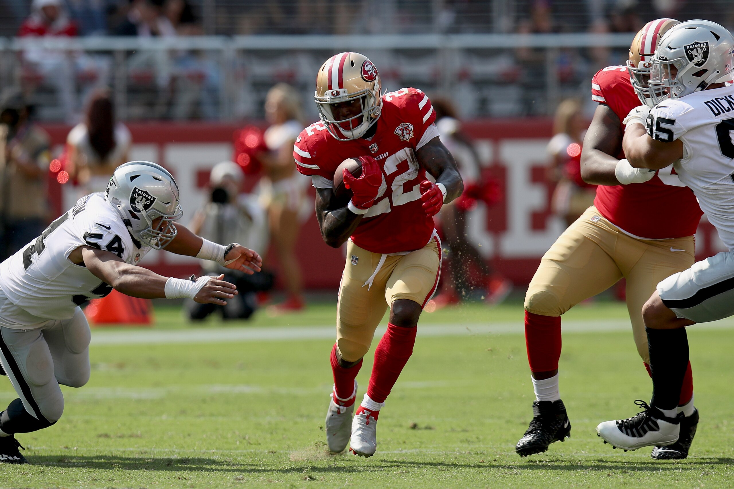 San Francisco 49ers running back Wayne Gallman (22) in action during an NFL football game against the Las Vegas Raiders, Sunday, Aug. 28, 2021, in Santa Clara, Calif. (AP Photo/Scot Tucker) San Francisco 49ers running back Wayne Gallman (22) in action during an NFL football game against the Las Vegas Raiders, Sunday, Aug. 28, 2021, in Santa Clara, Calif. (AP Photo/Scot Tucker)