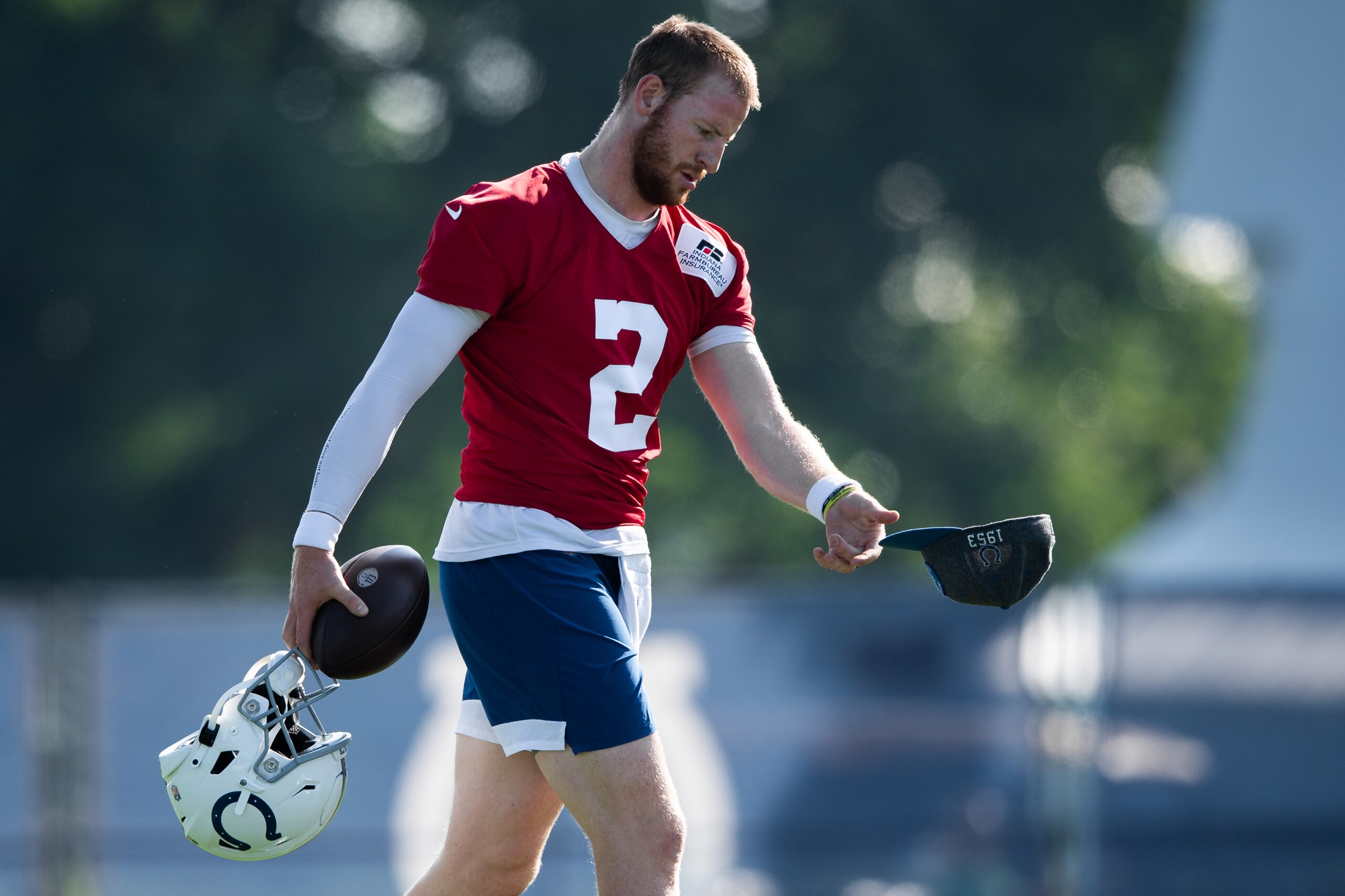 WESTFIELD, IN - AUGUST 24: Indianapolis Colts quarterback Carson Wentz (2) runs through a drill during the Indianapolis Colts training camp practice on August 24, 2021 at Grand Park Sports Complex in Westfield, IN. (Photo by Zach Bolinger/Icon Sportswire via Getty Images)