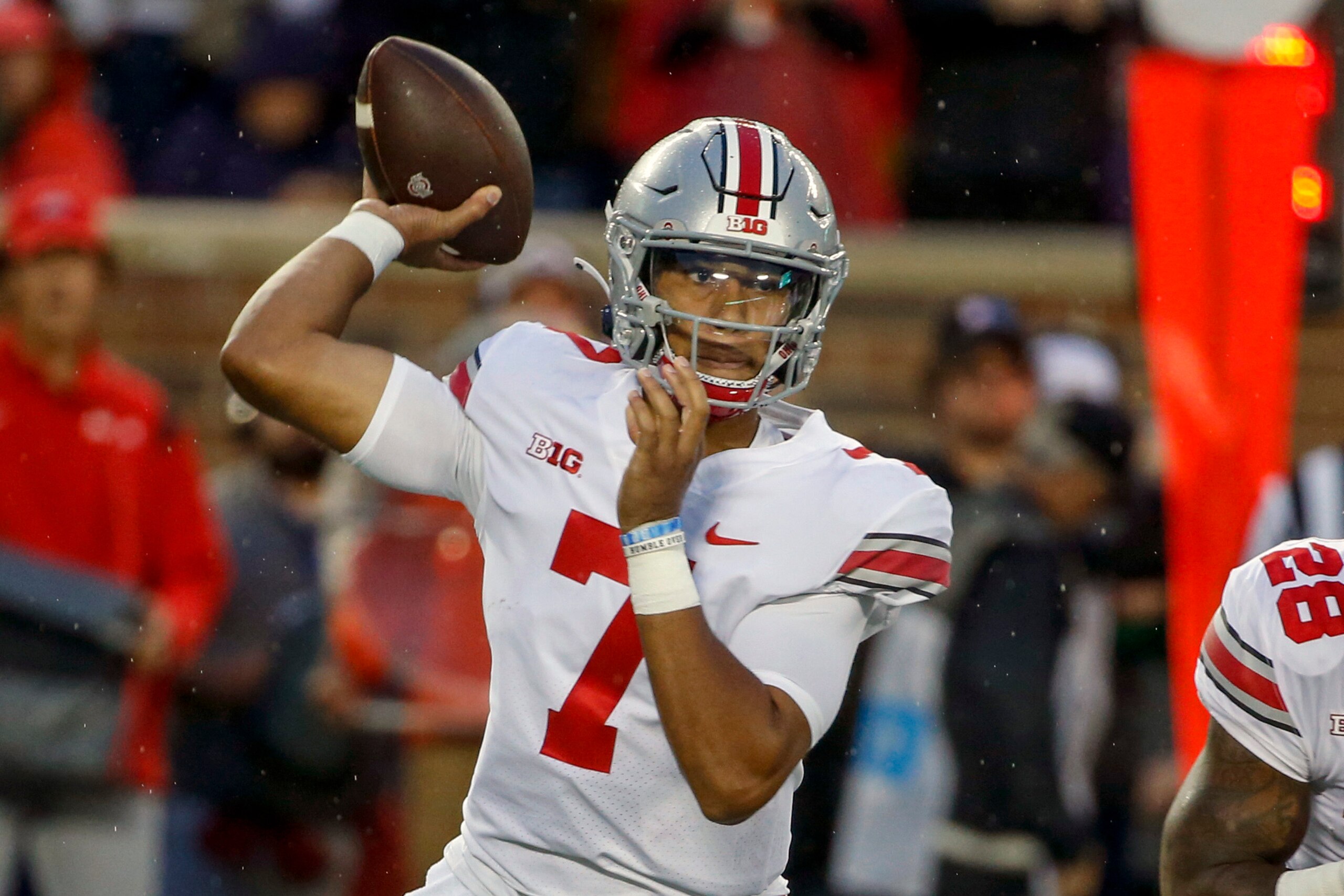 Ohio State quarterback C.J. Stroud (7) passes against Minnesota in the first quarter of an NCAA college football game Thursday, Sept. 2, 2021, in Minneapolis. (AP Photo/Bruce Kluckhohn)