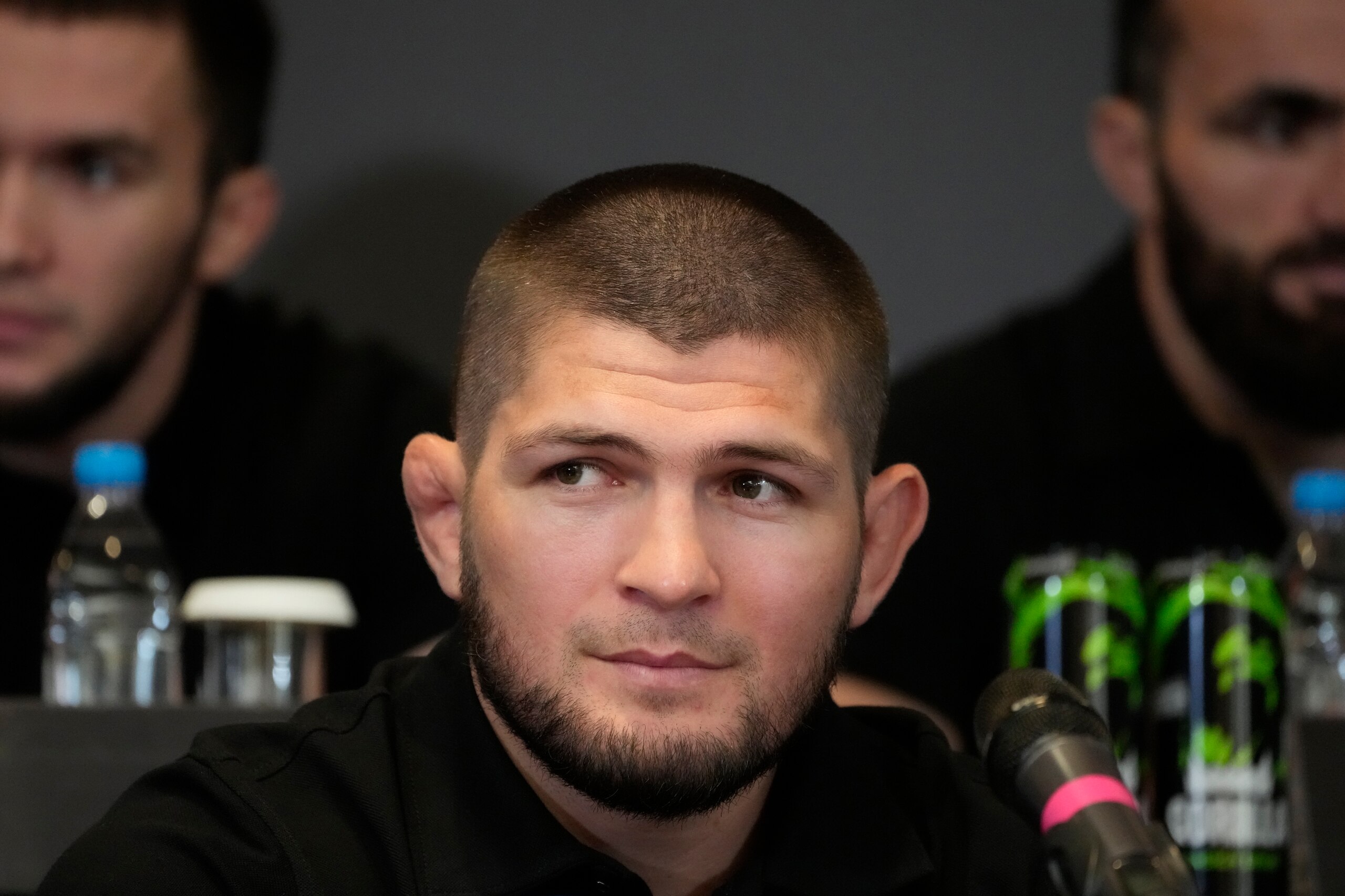 Russian UFC fighter Khabib Nurmagomedov speaks during a news conference in Moscow, Russia, Wednesday, Aug. 18, 2021. (AP Photo/Pavel Golovkin)