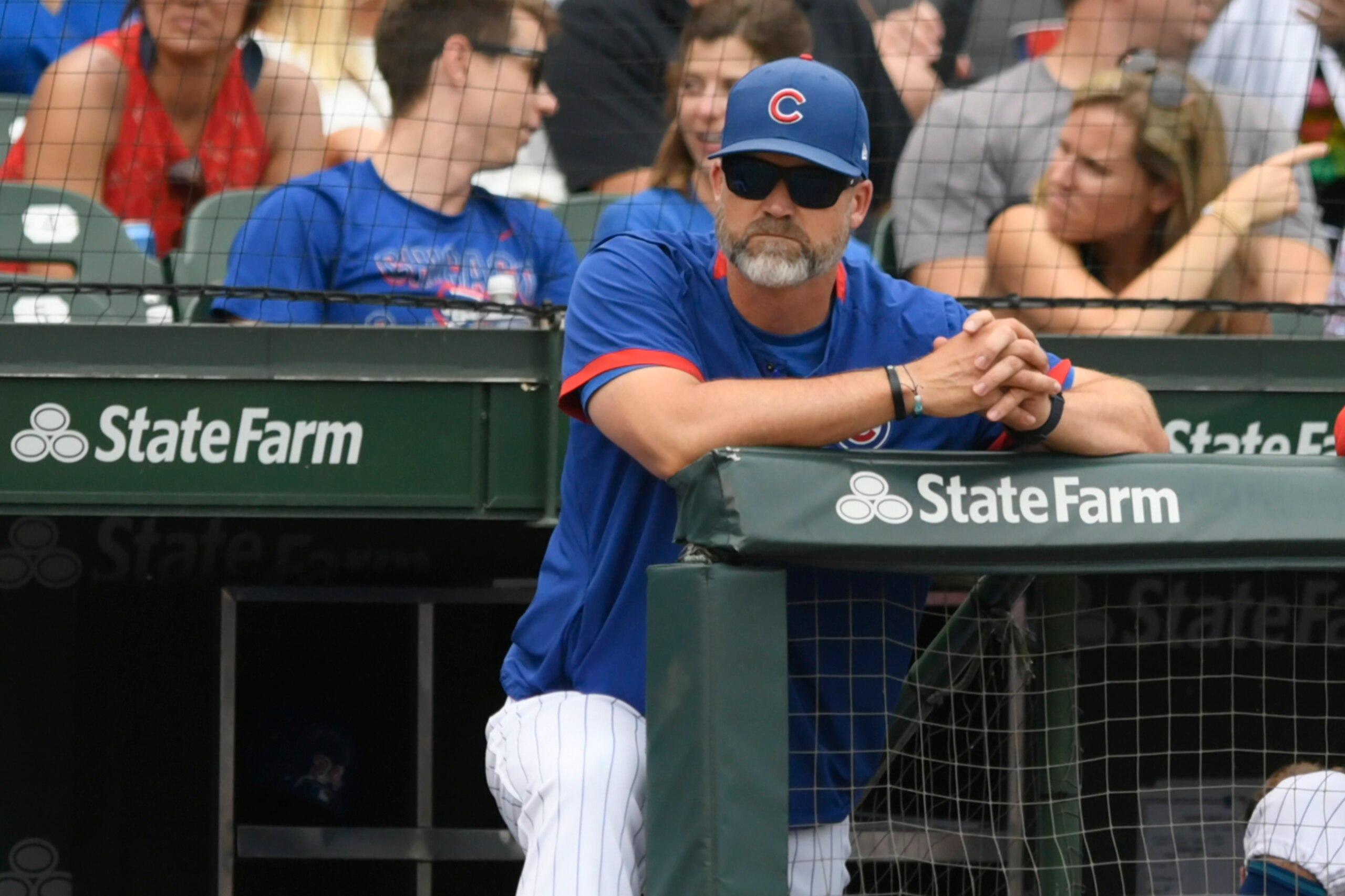 Chicago Cubs manager David Ross watches during the ninth inning of the team's baseball game against the Chicago White Sox on Saturday, Aug 7, 2021, at Wrigley Field in Chicago. The White Sox won 4-0. (AP Photo/Paul Beaty)