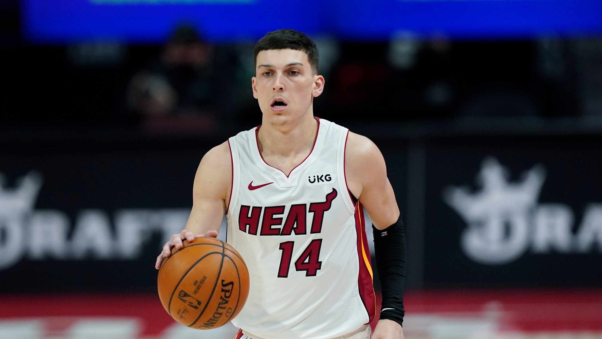 Miami Heat guard Tyler Herro plays during the first half of an NBA basketball game, Sunday, May 16, 2021, in Detroit. (AP Photo/Carlos Osorio)