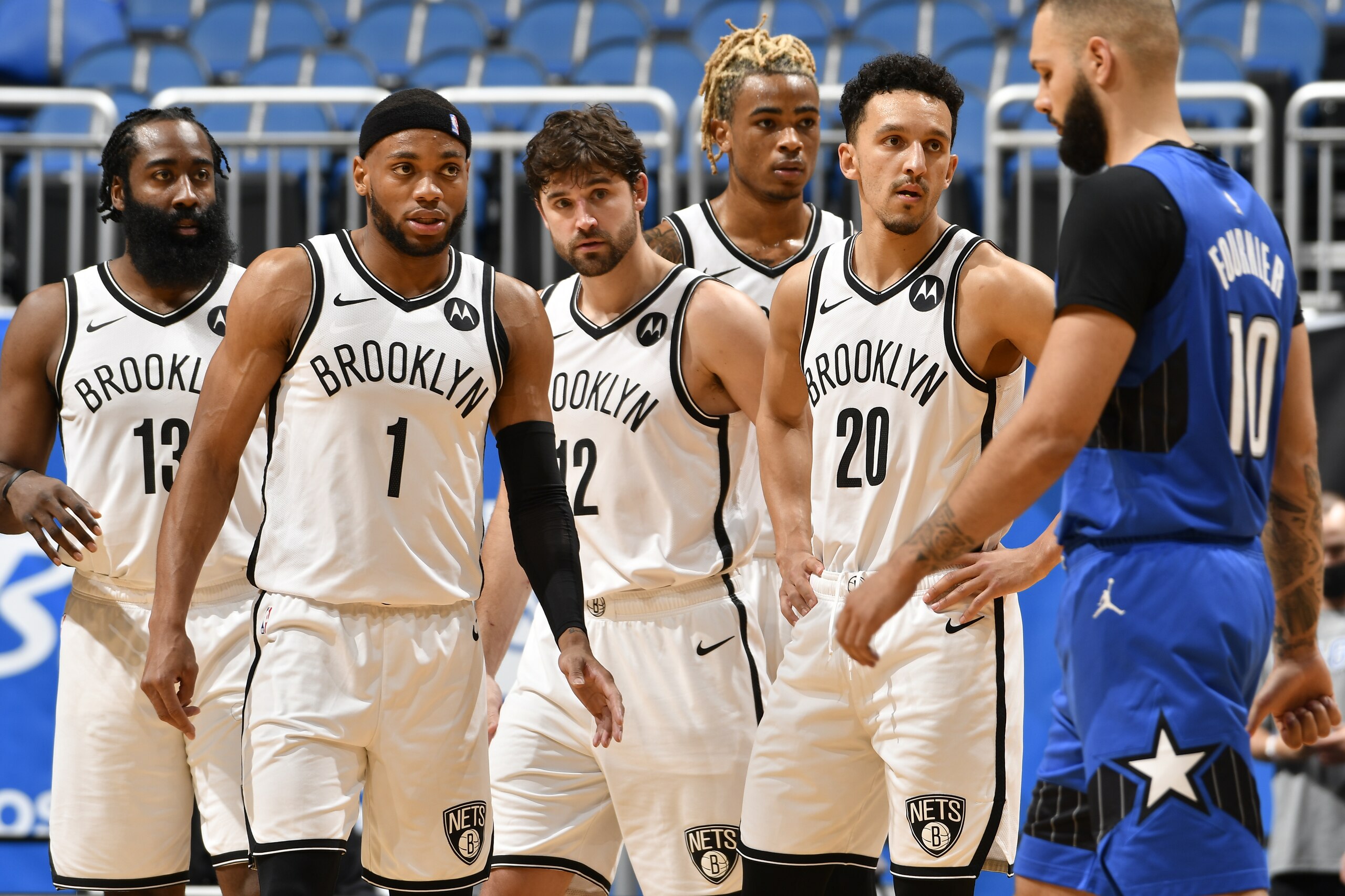 ORLANDO, FL - MARCH 19: The Brooklyn Nets huddle up during the game against the Orlando Magic on March 19, 2021 at Amway Center in Orlando, Florida. NOTE TO USER: User expressly acknowledges and agrees that, by downloading and or using this photograph, User is consenting to the terms and conditions of the Getty Images License Agreement. Mandatory Copyright Notice: Copyright 2021 NBAE (Photo by Fernando Medina/NBAE via Getty Images)
