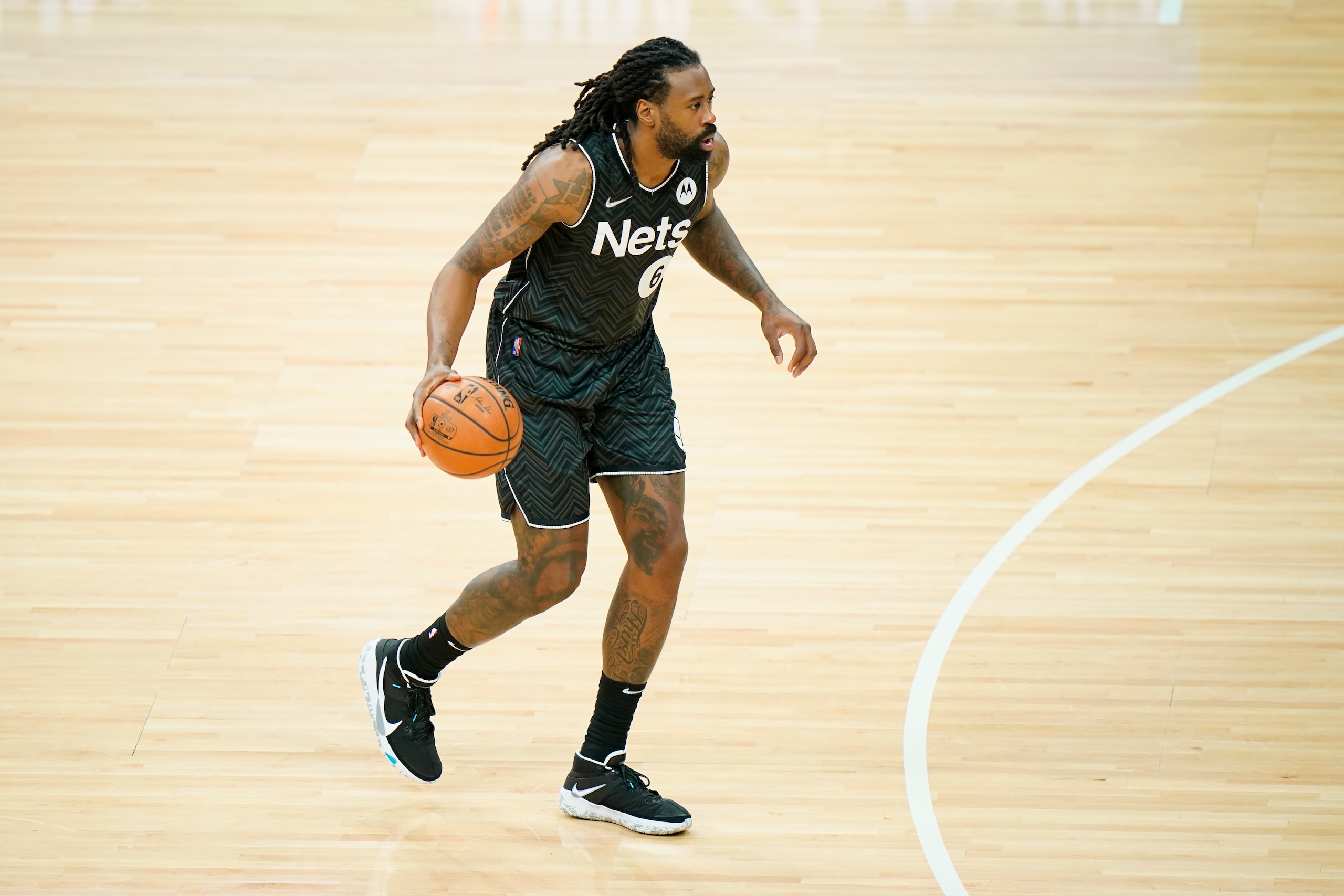 Brooklyn Nets' DeAndre Jordan plays during an NBA basketball game against the Philadelphia 76ers, Wednesday, April 14, 2021, in Philadelphia. (AP Photo/Matt Slocum)