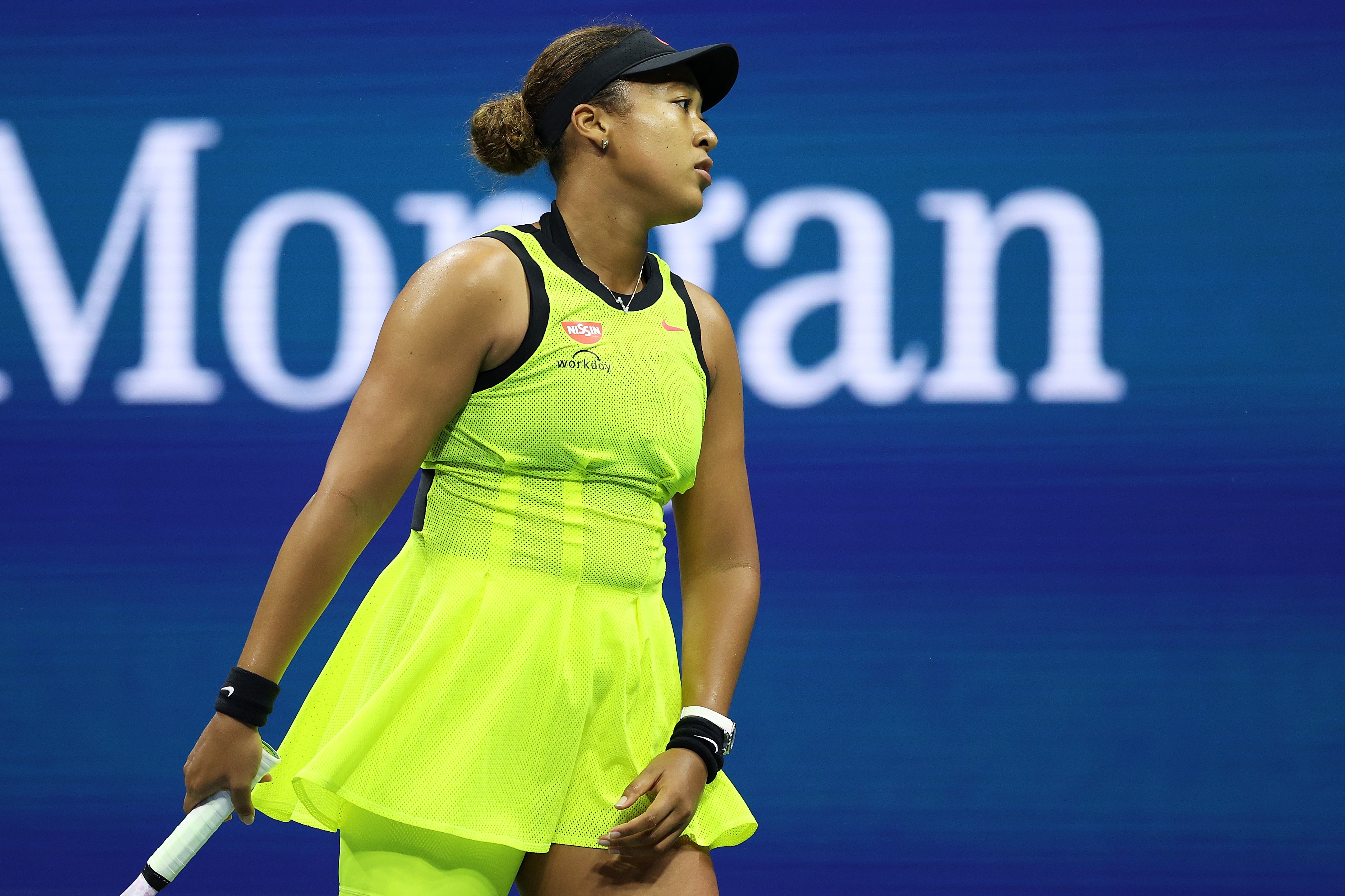 NEW YORK, NEW YORK - SEPTEMBER 03: Naomi Osaka of Japan reacts against Leylah Fernandez of Canada during her Women's Singles third round match on Day Five at USTA Billie Jean King National Tennis Center on September 03, 2021 in New York City. (Photo by Elsa/Getty Images)