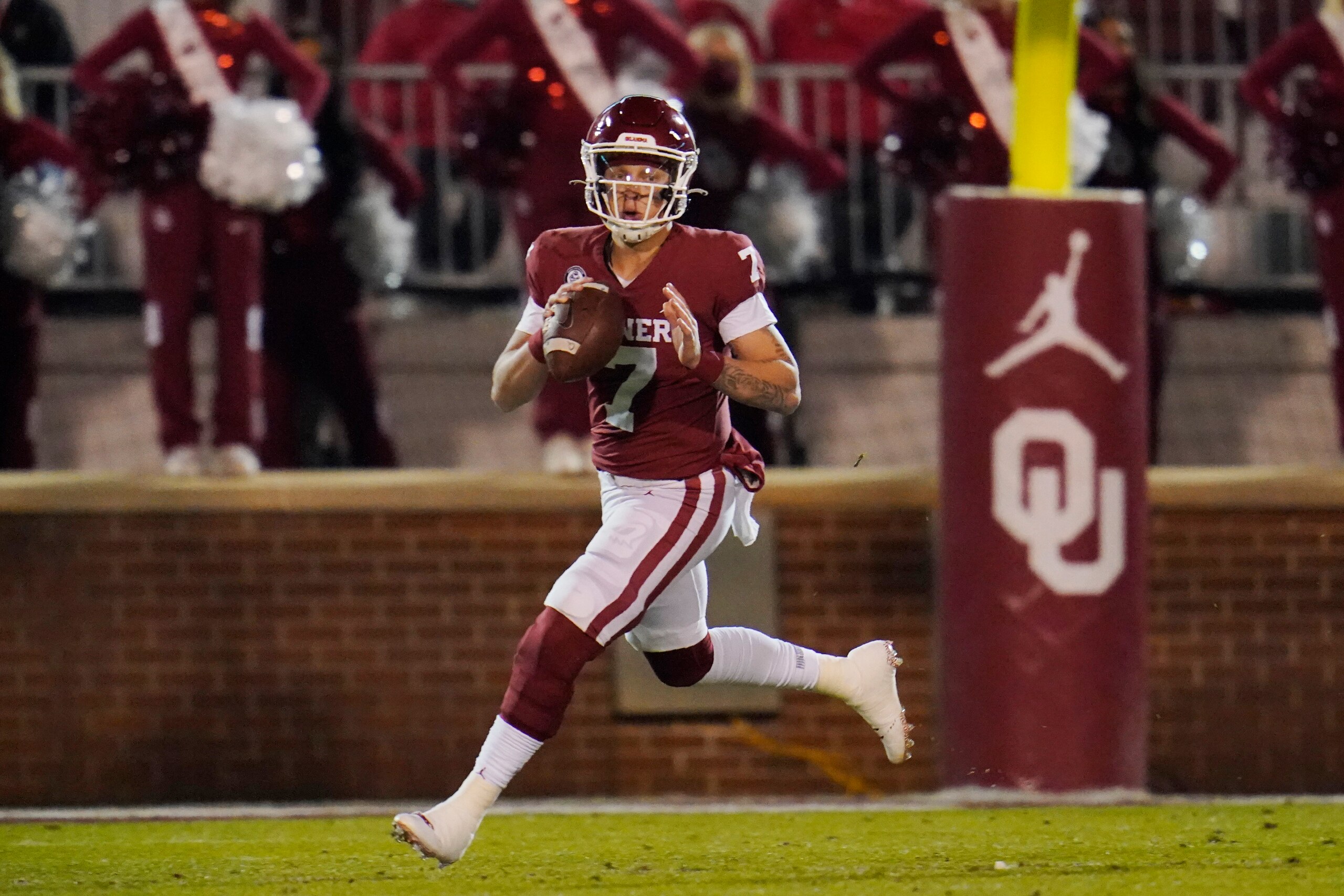 Oklahoma quarterback Spencer Rattler (7) during an NCAA college football game against Baylor Saturday, Dec. 5, 2020, in Norman, Okla. (AP Photo/Sue Ogrocki)