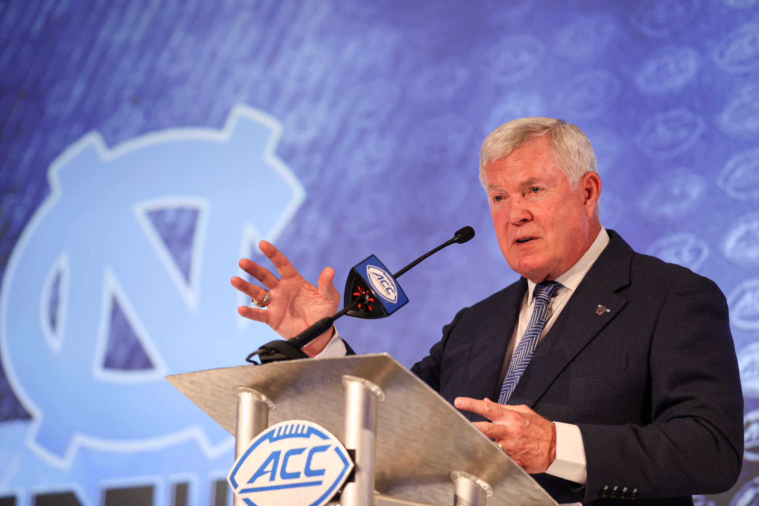 North Carolina head coach Mack Brown answers a question during the NCAA college football Atlantic Coast Conference media days in Charlotte, N.C., Wednesday, July 21, 2021. (AP Photo/Nell Redmond)