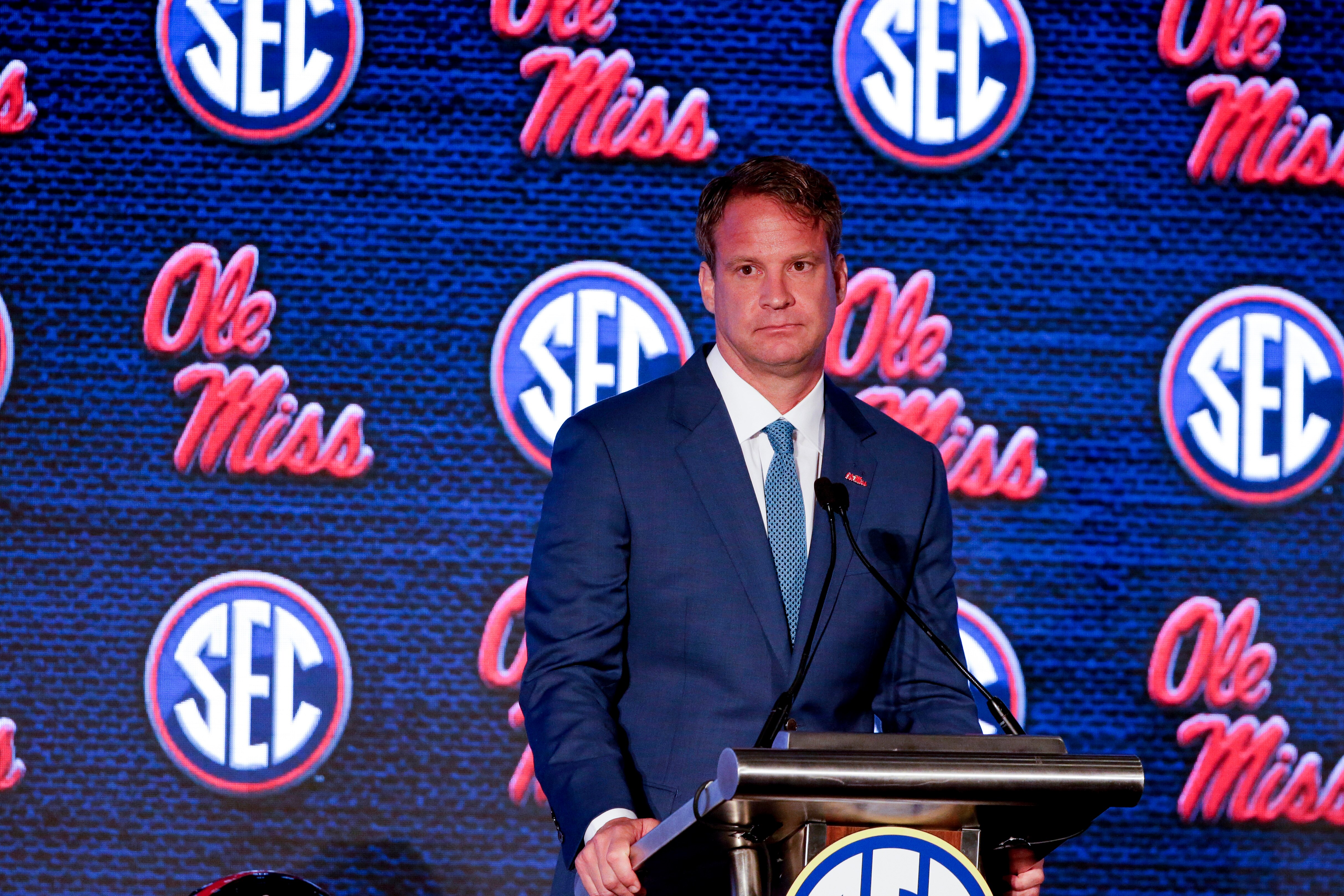 Mississippi head coach Lane Kiffin speaks to reporters during a Southeastern Conference Media Days NCAA college football news conference, Tuesday, July 20, 2021, in Hoover, Ala. (AP Photo/Butch Dill)