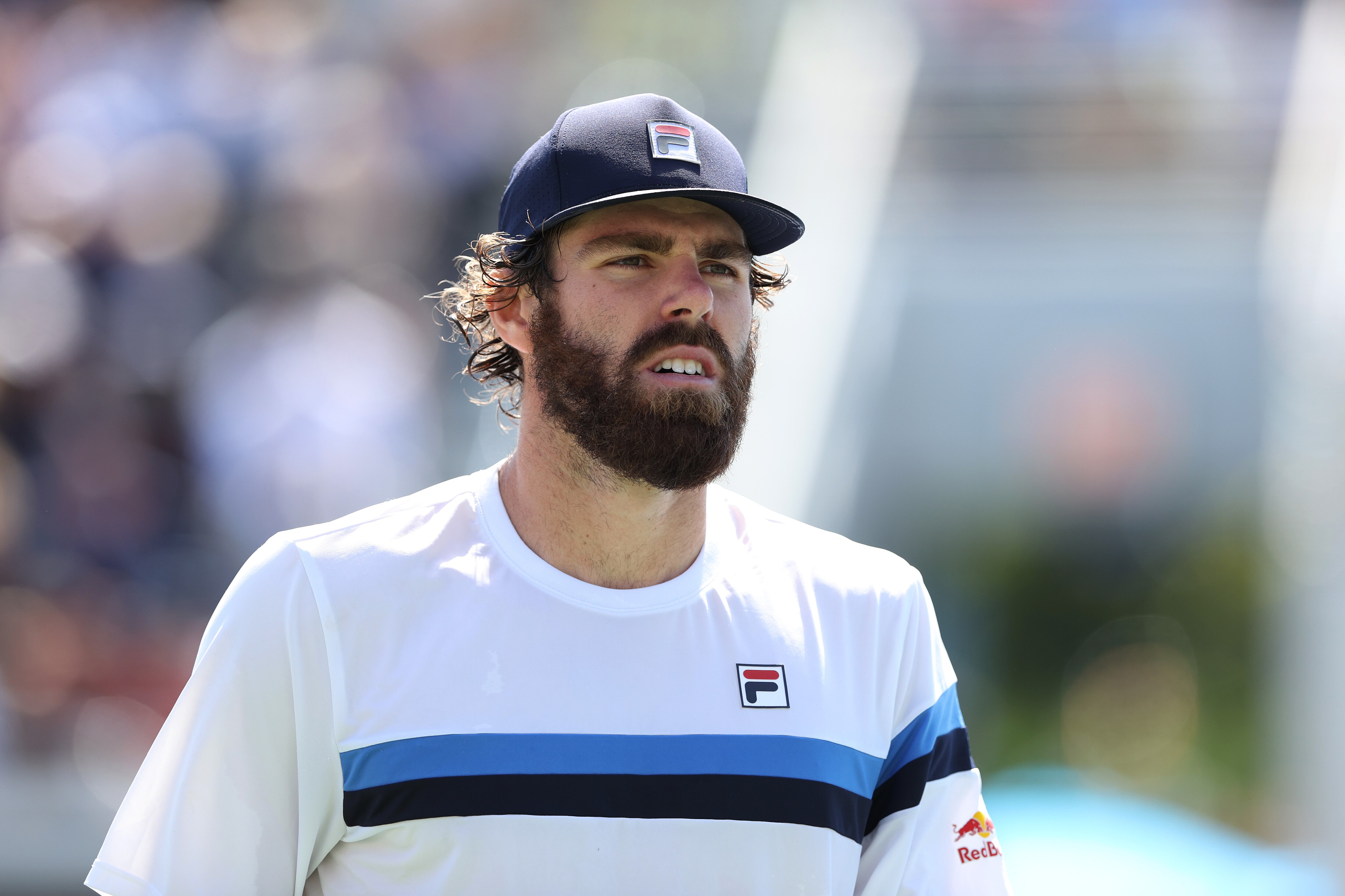 NEW YORK, NEW YORK - SEPTEMBER 02: Reilly Opelka of the United States looks on against Lorenzo Musetti of Italy during his Men's Singles second round match on Day Four of the 2021 US Open at USTA Billie Jean King National Tennis Center on September 02, 2021 in New York City. (Photo by Elsa/Getty Images)