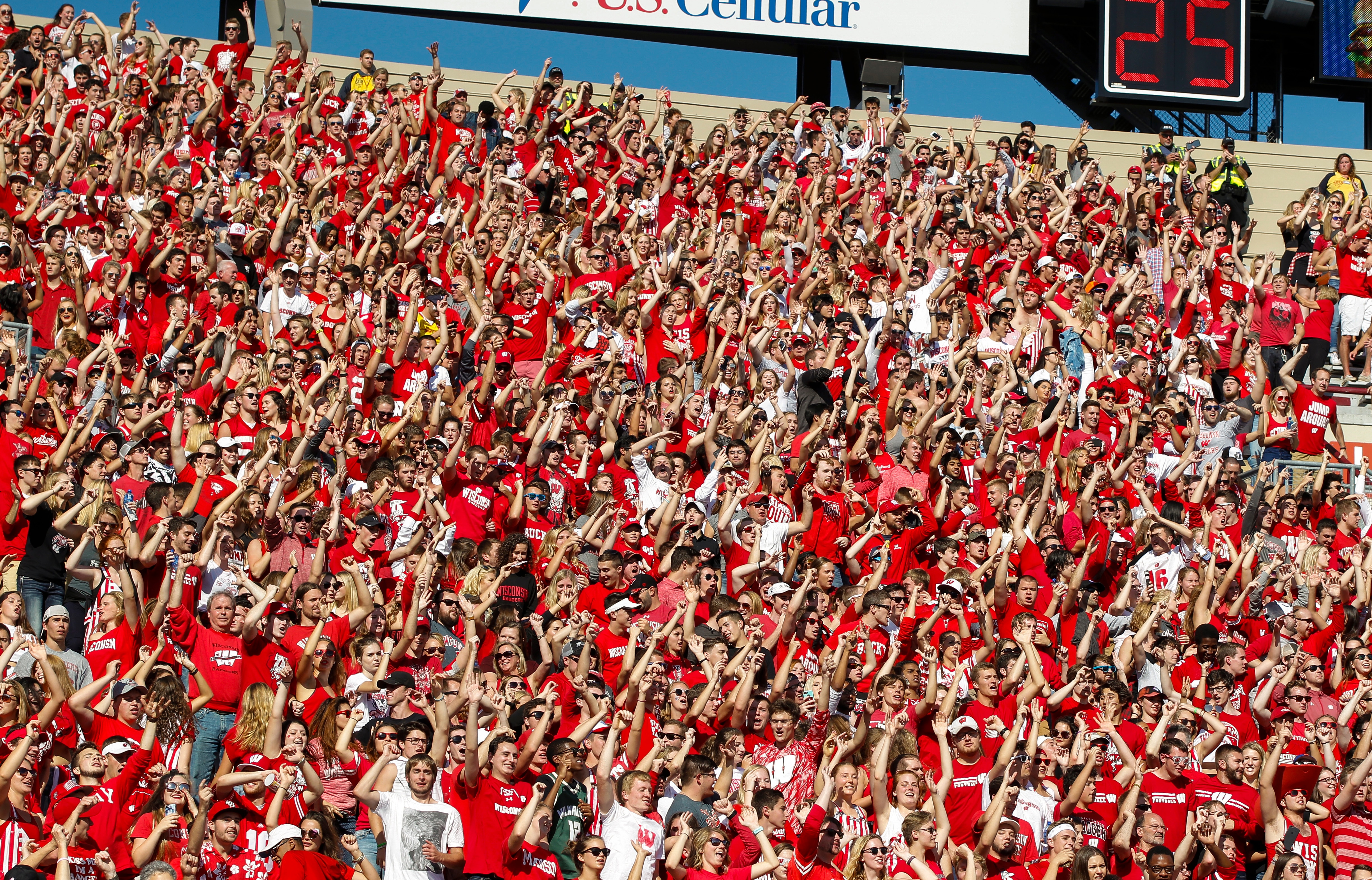 Wisconsin fans sing and dance to "Jump Around" during the second half of an NCAA college football game against Maryland Saturday, Oct. 21, 2017, in Madison, Wis. Wisconsin 38-13. (AP Photo/Andy Manis)