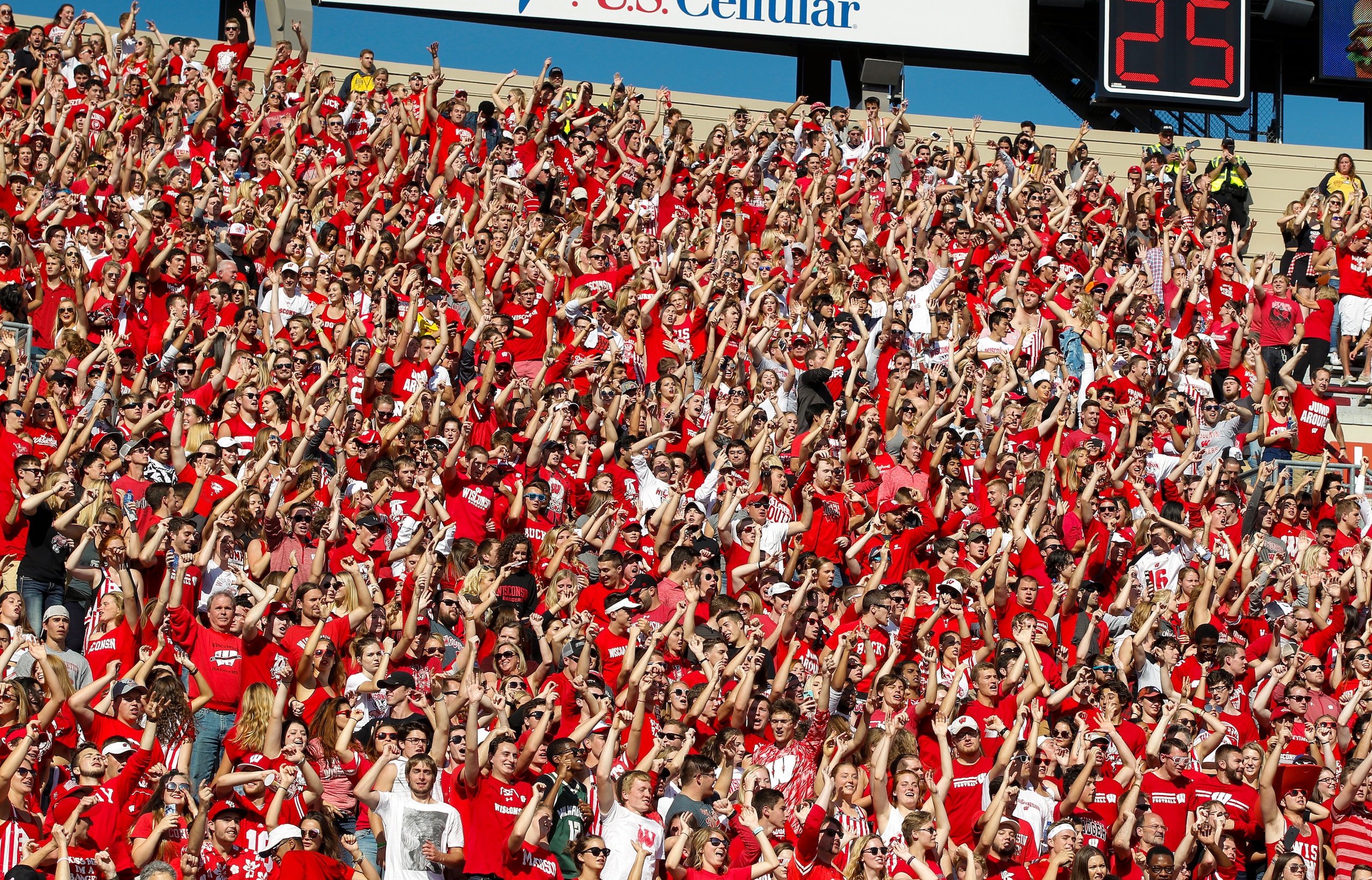 Wisconsin fans sing and dance to "Jump Around" during the second half of an NCAA college football game against Maryland Saturday, Oct. 21, 2017, in Madison, Wis. Wisconsin 38-13. (AP Photo/Andy Manis)