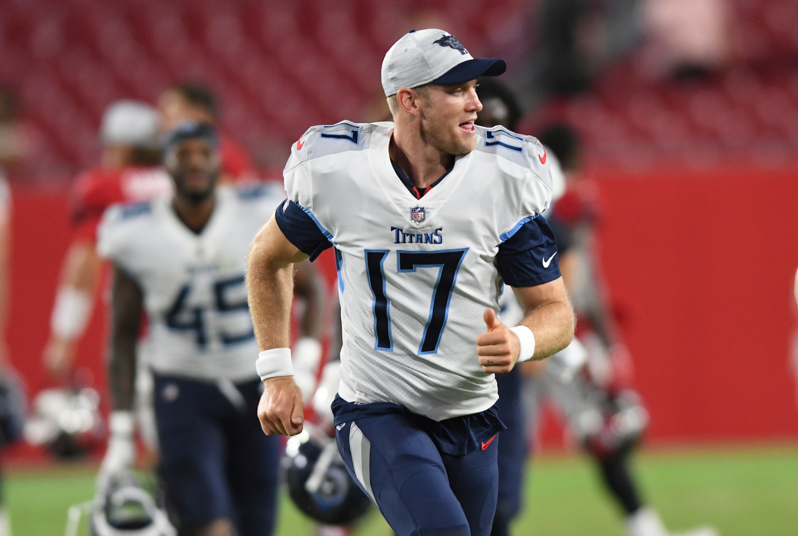 Tennessee Titans quarterback Ryan Tannehill (17) during the second half of an NFL preseason football game against the Tampa Bay Buccaneers Saturday, Aug. 21, 2021, in Tampa, Fla. (AP Photo/Jason Behnken)