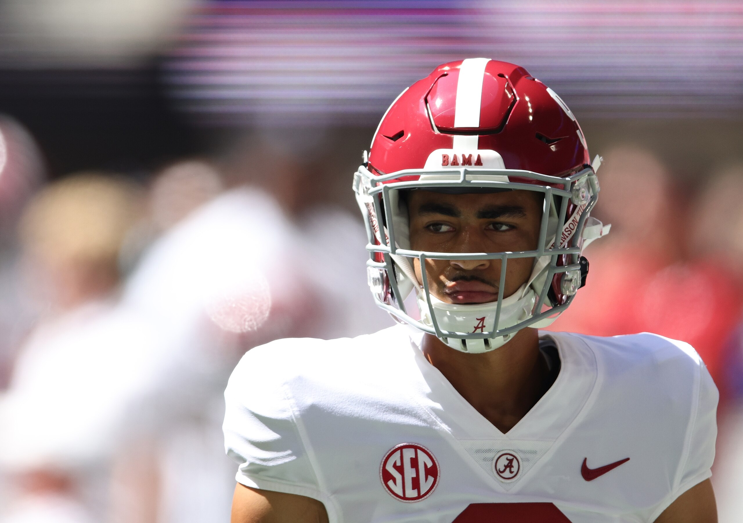 ATLANTA, GEORGIA - SEPTEMBER 04:  Bryce Young #9 of the Alabama Crimson Tide warmups up prior to facing the Miami Hurricanes during the Chick-fil-A Kick-Off Game at Mercedes-Benz Stadium on September 04, 2021 in Atlanta, Georgia. (Photo by Kevin C. Cox/Getty Images)