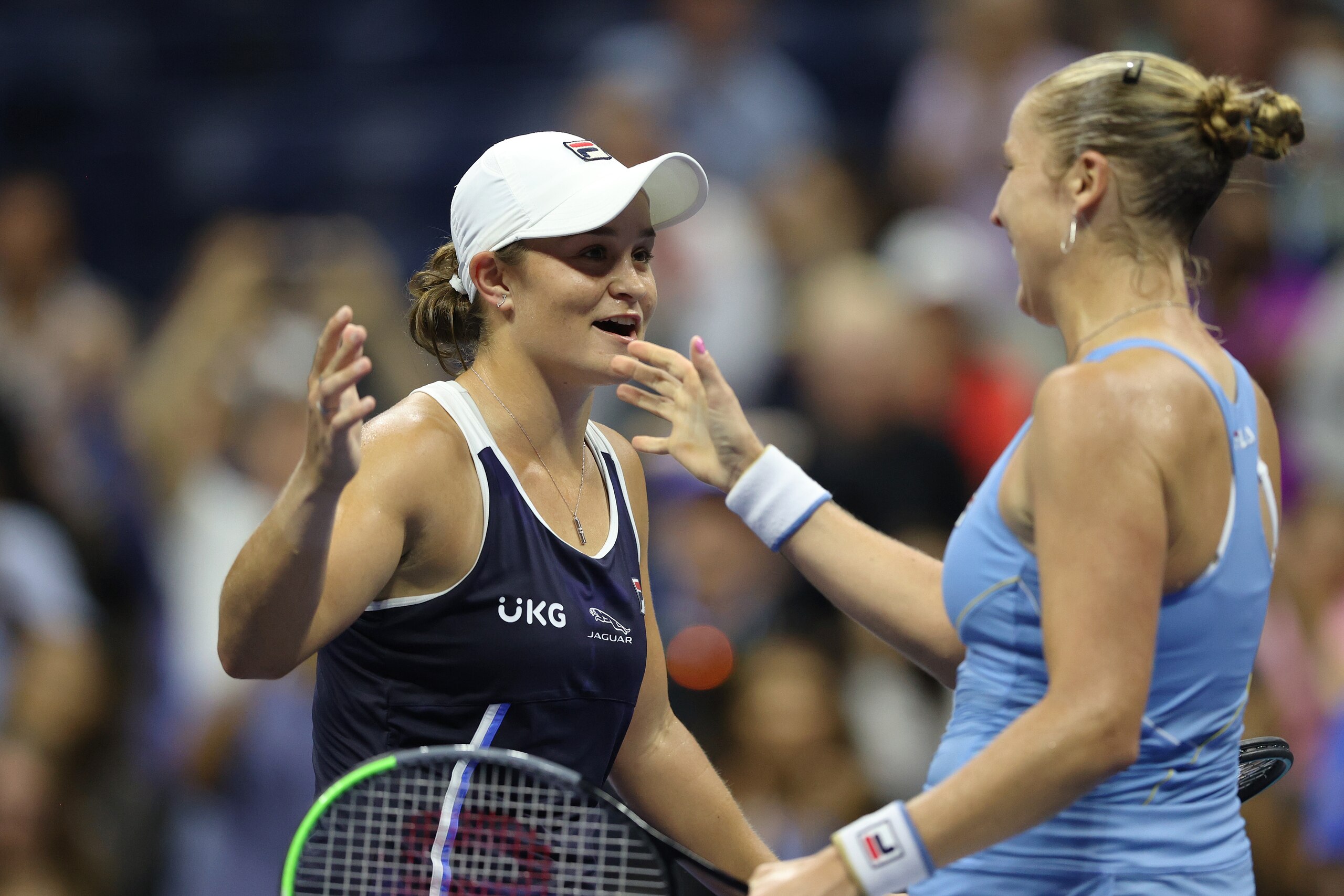 NEW YORK, NEW YORK - SEPTEMBER 04: Ashleigh Barty of Australia congratulates Shelby Rogers of the United States after Rogers defeated her in 3 sets during her Women’s Singles third round match on Day Six of the 2021 US Open at the USTA Billie Jean King National Tennis Center on September 04, 2021 in the Flushing neighborhood of the Queens borough of New York City. (Photo by Elsa/Getty Images) NEW YORK, NEW YORK - SEPTEMBER 04: Ashleigh Barty of Australia congratulates Shelby Rogers of the United States after Rogers defeated her in 3 sets during her Women’s Singles third round match on Day Six of the 2021 US Open at the USTA Billie Jean King National Tennis Center on September 04, 2021 in the Flushing neighborhood of the Queens borough of New York City. (Photo by Elsa/Getty Images)