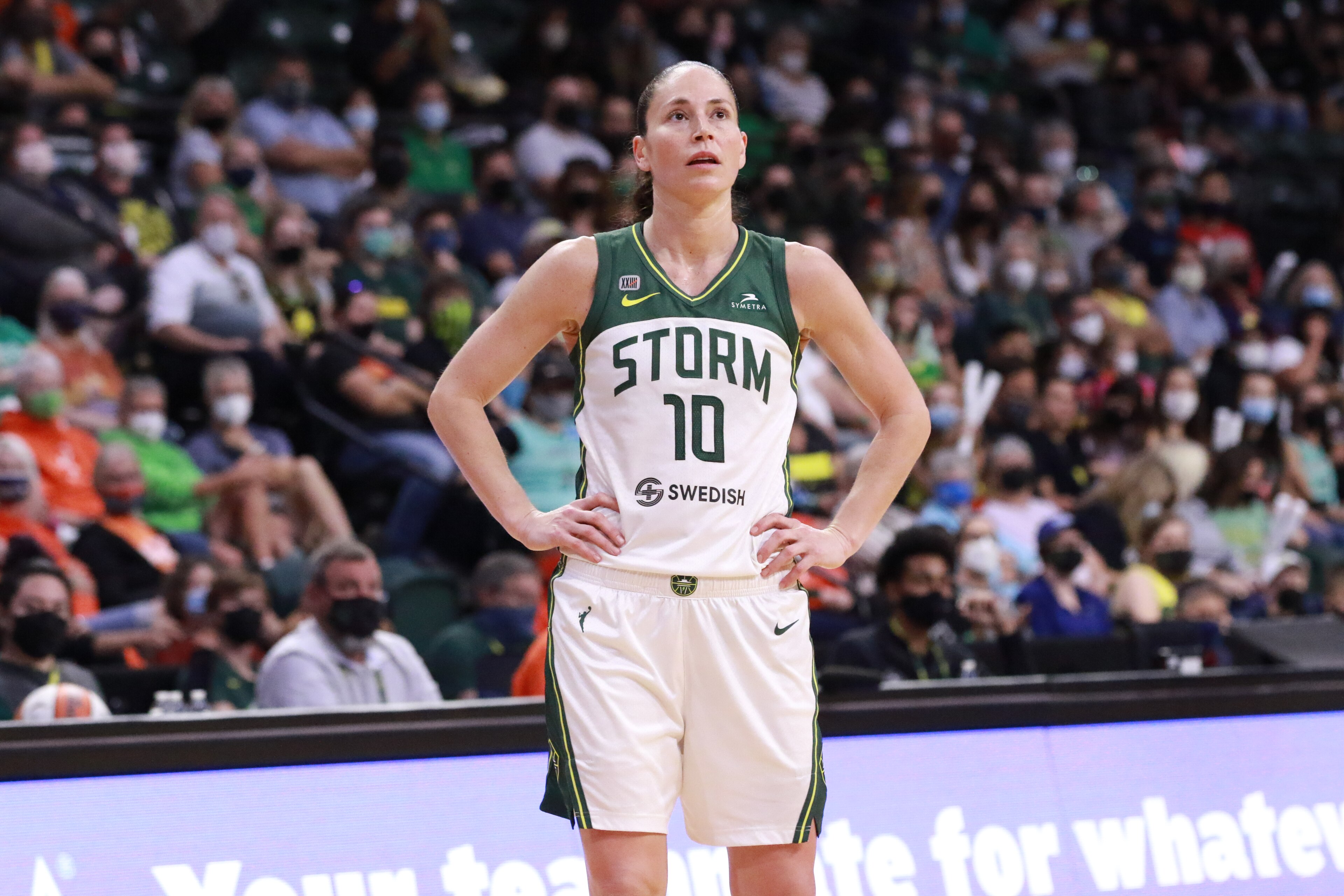 EVERETT, WA - SEPTEMBER 2: Sue Bird #10 of the Seattle Storm looks on during the game against the New York Liberty on September 2, 2021 at the Angel of the Winds Arena, in Everett, Washington. NOTE TO USER: User expressly acknowledges and agrees that, by downloading and or using this photograph, User is consenting to the terms and conditions of the Getty Images License Agreement. Mandatory Copyright Notice: Copyright 2019 NBAE (Photo by Joshua Huston/NBAE via Getty Images) EVERETT, WA - SEPTEMBER 2: Sue Bird #10 of the Seattle Storm looks on during the game against the New York Liberty on September 2, 2021 at the Angel of the Winds Arena, in Everett, Washington. NOTE TO USER: User expressly acknowledges and agrees that, by downloading and or using this photograph, User is consenting to the terms and conditions of the Getty Images License Agreement. Mandatory Copyright Notice: Copyright 2019 NBAE (Photo by Joshua Huston/NBAE via Getty Images)