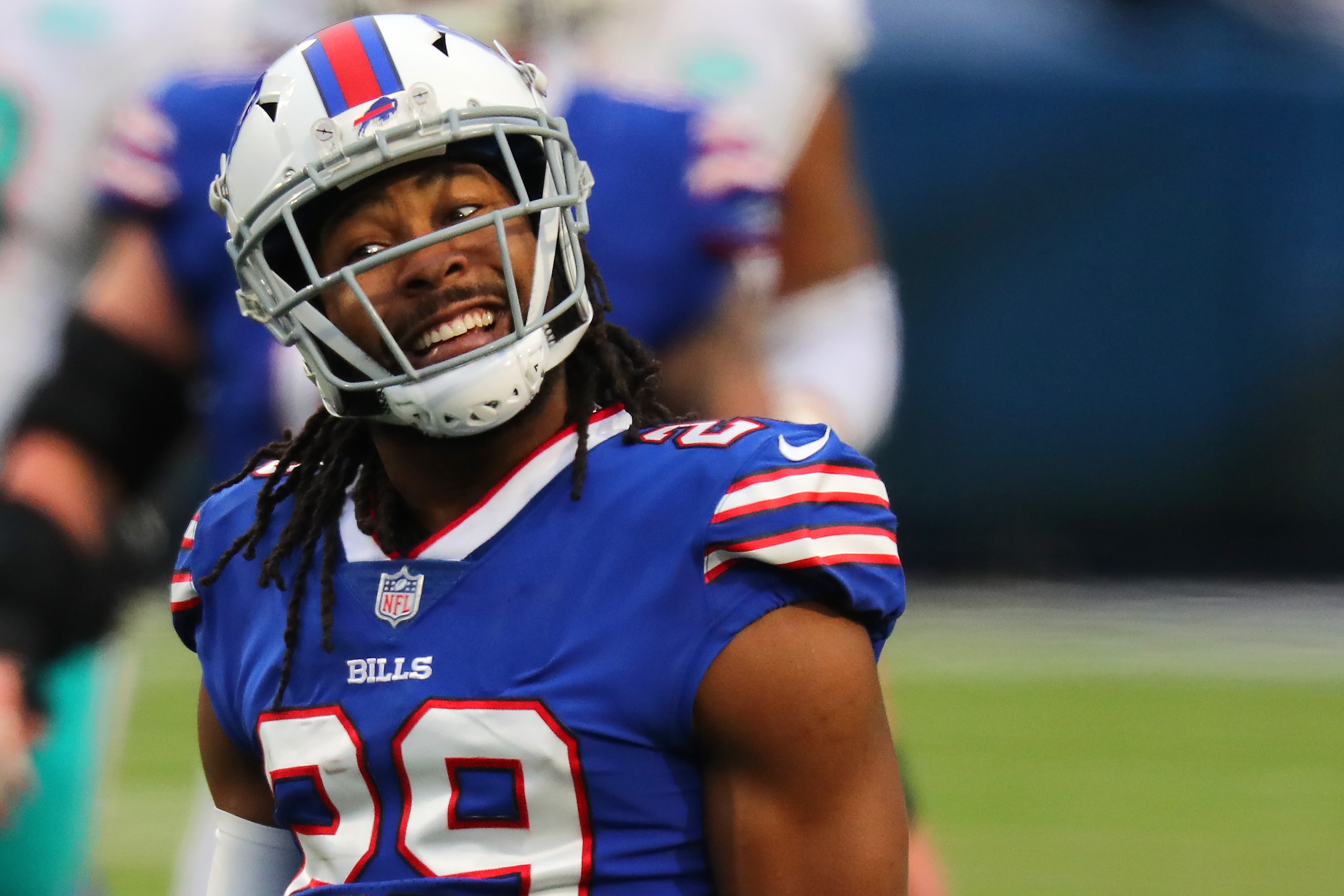 ORCHARD PARK, NEW YORK - JANUARY 03: Josh Norman #29 of the Buffalo Bills celebrates after breaking up a pass intended for DeVante Parker #11 of the Miami Dolphins in the third quarter at Bills Stadium on January 03, 2021 in Orchard Park, New York. (Photo by Timothy T Ludwig/Getty Images)