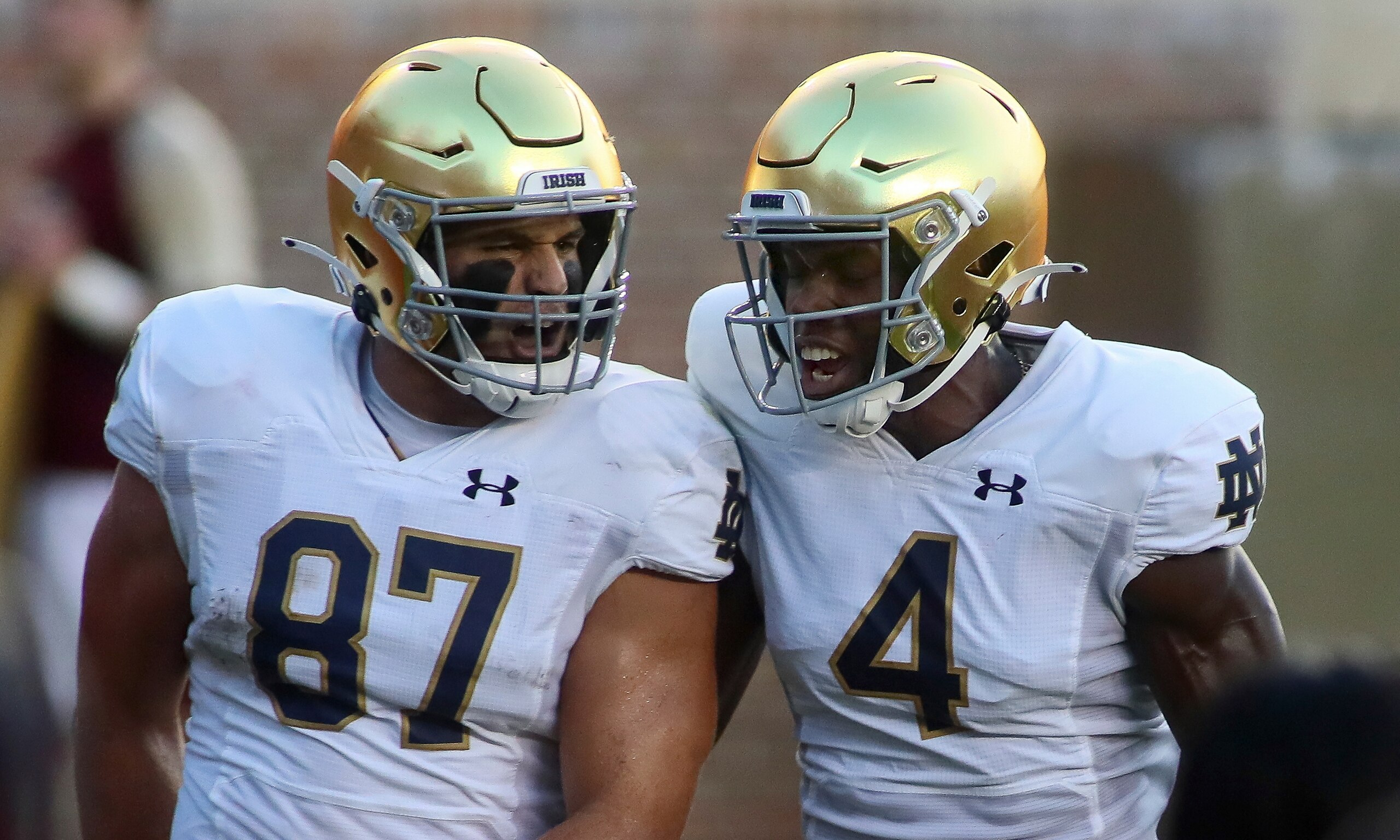 Notre Dame tight end Michael Mayer (87) celebrates his touchdown with teammate wide receiver Kevin Austin Jr. (4) against Florida State in the first quarter of an NCAA college football game Sunday, Sept. 5, 2021, in Tallahassee, Fla. (AP Photo/Phil Sears) Notre Dame tight end Michael Mayer (87) celebrates his touchdown with teammate wide receiver Kevin Austin Jr. (4) against Florida State in the first quarter of an NCAA college football game Sunday, Sept. 5, 2021, in Tallahassee, Fla. (AP Photo/Phil Sears)
