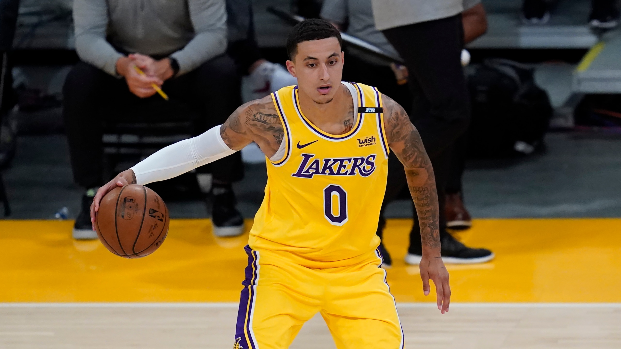 Los Angeles Lakers forward Kyle Kuzma (0) controls the ball during Game 6 of an NBA basketball first-round playoff series against the Phoenix Suns Thursday, Jun 3, 2021, in Los Angeles. (AP Photo/Ashley Landis)