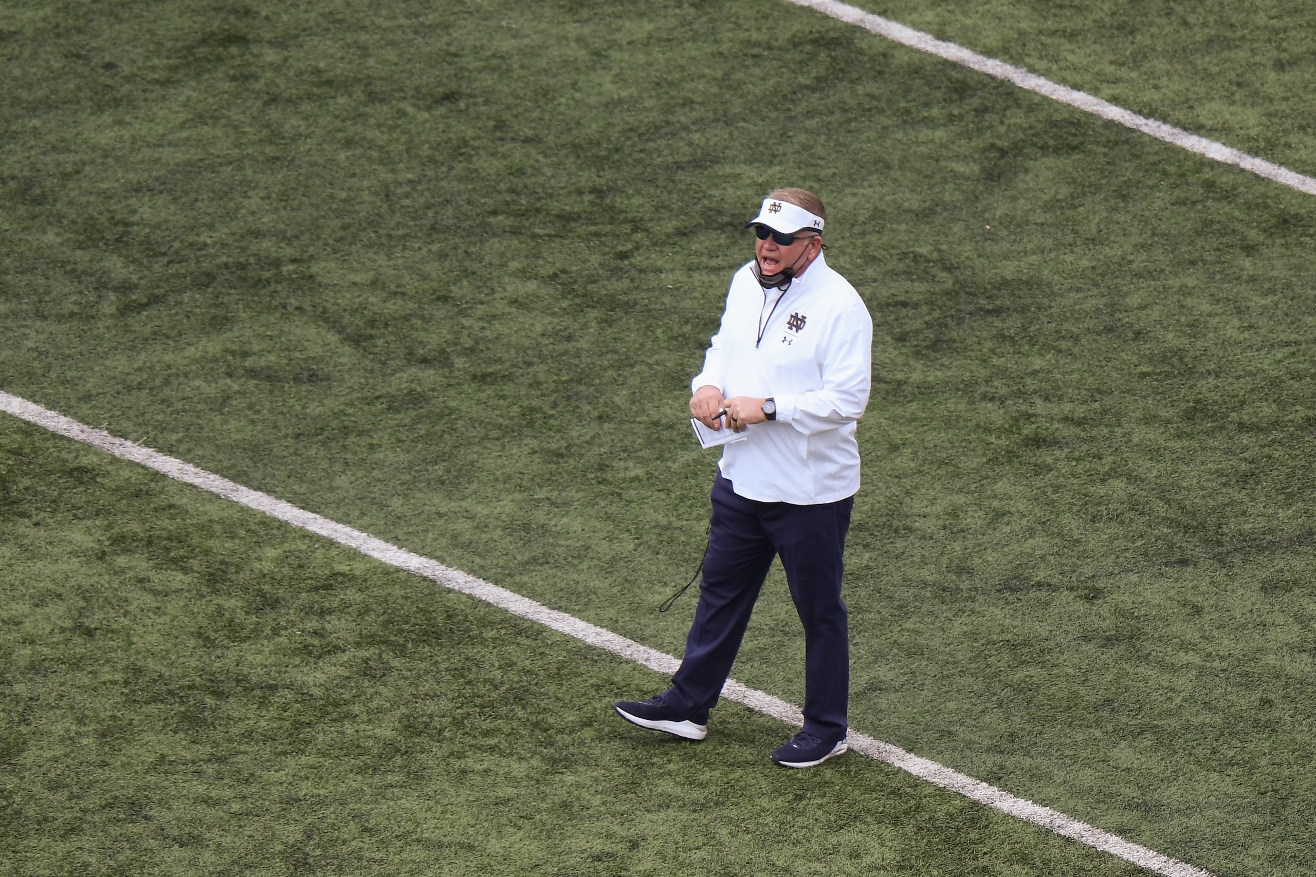 SOUTH BEND, INDIANA - MAY 01: Head coach Brian Kelly of the Notre Dame Fighting Irish reacts during the second half of the Blue-Gold Spring Game at Notre Dame Stadium on May 01, 2021 in South Bend, Indiana. (Photo by Quinn Harris/Getty Images)