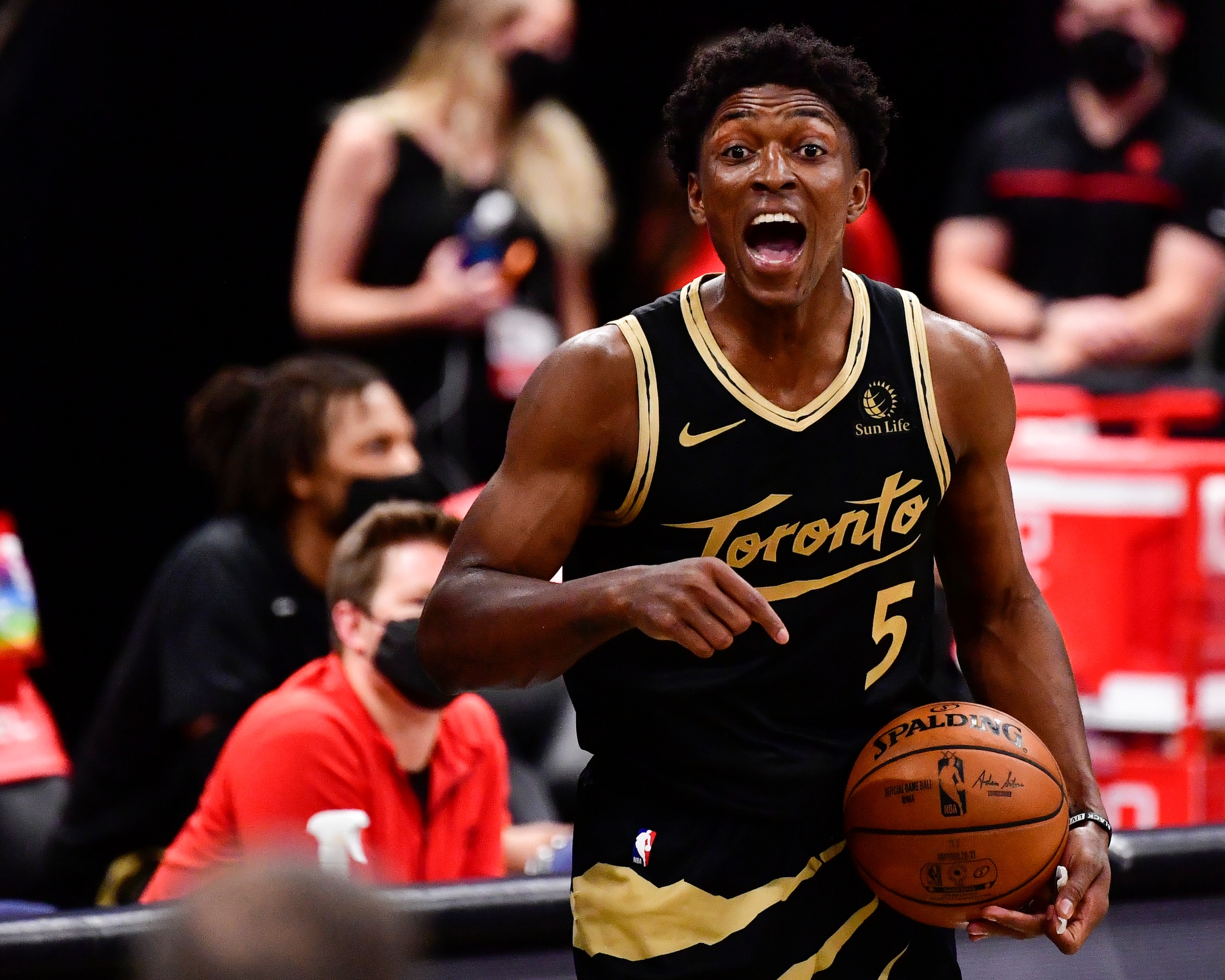 TAMPA, FLORIDA - MAY 06: Stanley Johnson #5 of the Toronto Raptors reacts during the third quarter against the Washington Wizards at Amalie Arena on May 06, 2021 in Tampa, Florida. NOTE TO USER: User expressly acknowledges and agrees that, by downloading and or using this photograph, User is consenting to the terms and conditions of the Getty Images License Agreement. (Photo by Douglas P. DeFelice/Getty Images)