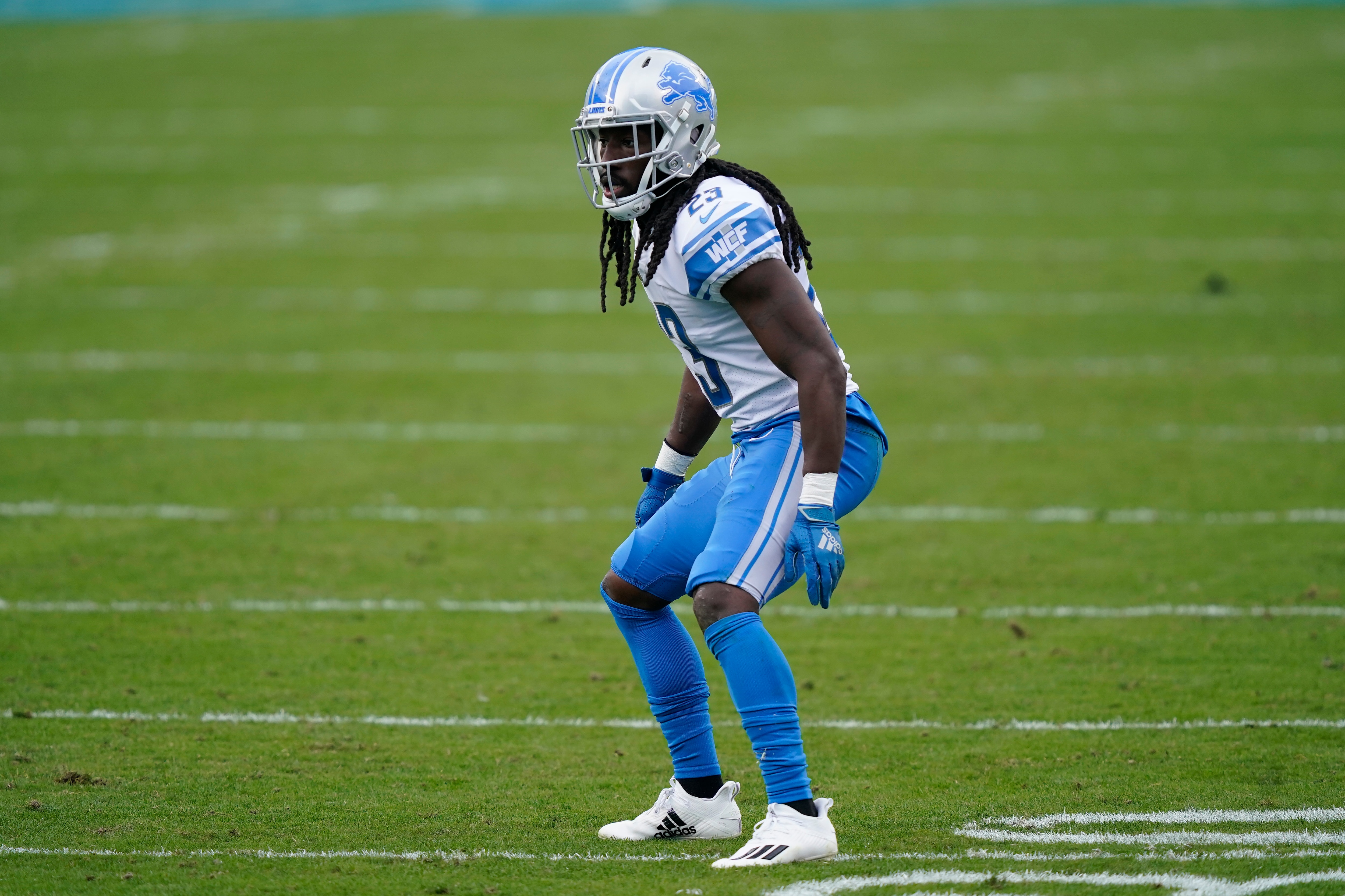 Detroit Lions cornerback Desmond Trufant plays against the Carolina Panthers during the first half of an NFL football game Sunday, Nov. 22, 2020, in Charlotte, N.C. (AP Photo/Gerry Broome)