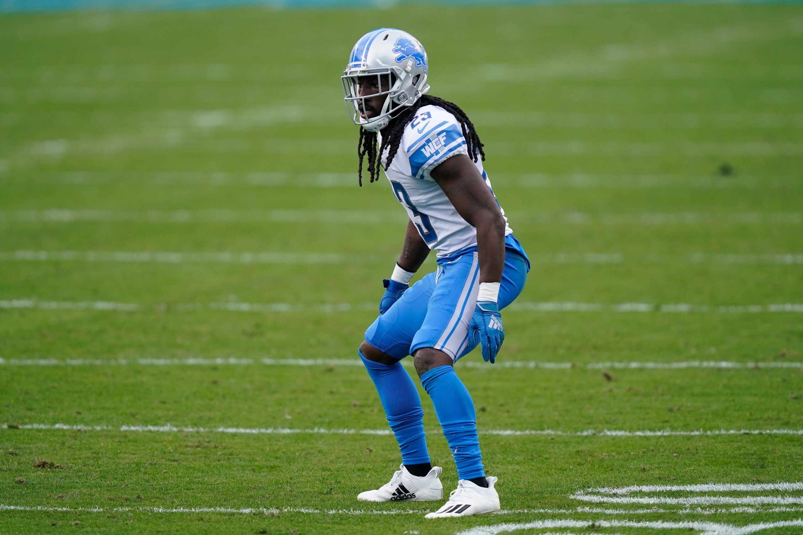Detroit Lions cornerback Desmond Trufant plays against the Carolina Panthers during the first half of an NFL football game Sunday, Nov. 22, 2020, in Charlotte, N.C. (AP Photo/Gerry Broome)