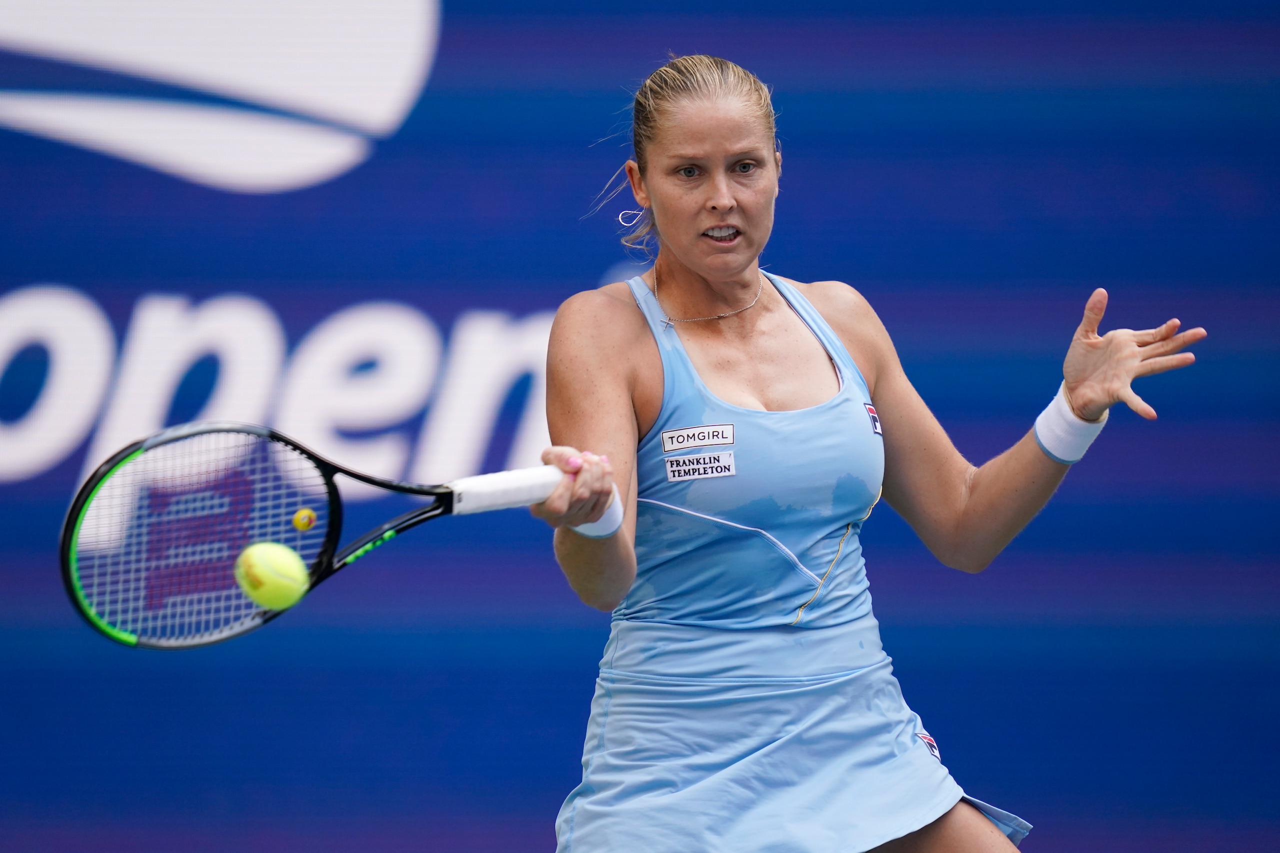 Shelby Rogers, of the United States, returns a shot against Emma Raducanu, of Britain, during the fourth round of the US Open tennis championships, Monday, Sept. 6, 2021, in New York. (AP Photo/Seth Wenig)