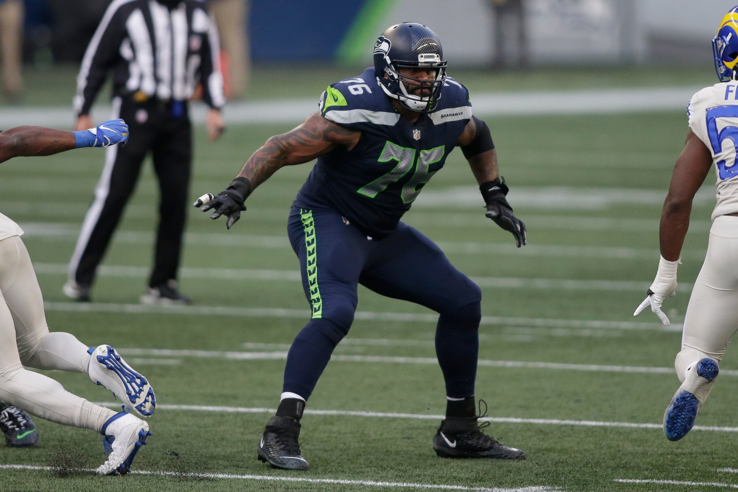 Seattle Seahawks tackle Duane Brown (76) in action against the Los Angeles Rams during the second half of an NFL football game, Sunday, Dec. 27, 2020, in Seattle. (AP Photo/Scott Eklund)