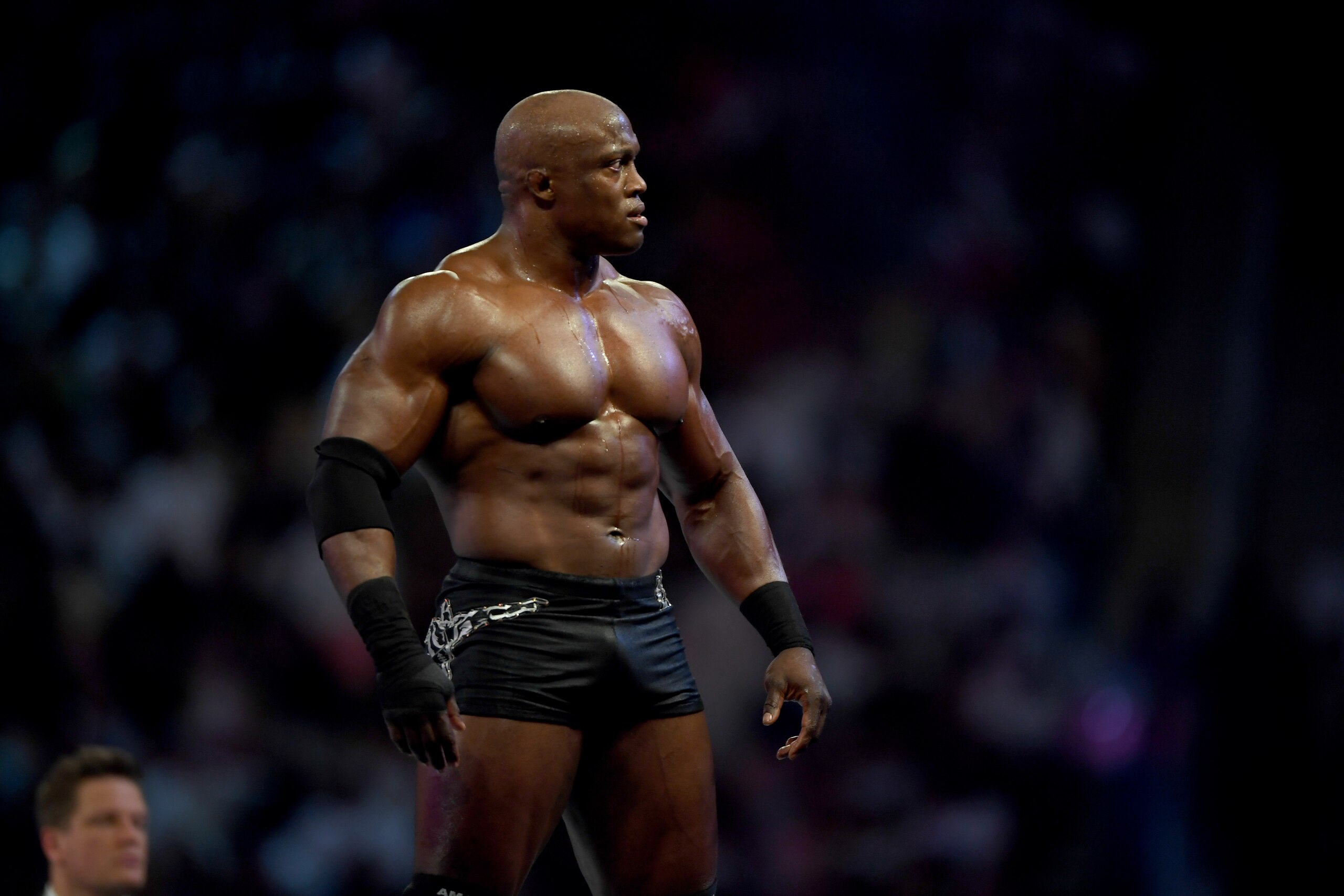 US wrestler Bobby Lashley (R) is pictured on the ring during the World Wrestling Entertainment (WWE) Super Showdown event in the Saudi Red Sea port city of Jeddah late on January 7, 2019. (Photo by Amer HILABI / AFP)        (Photo credit should read AMER HILABI/AFP via Getty Images)