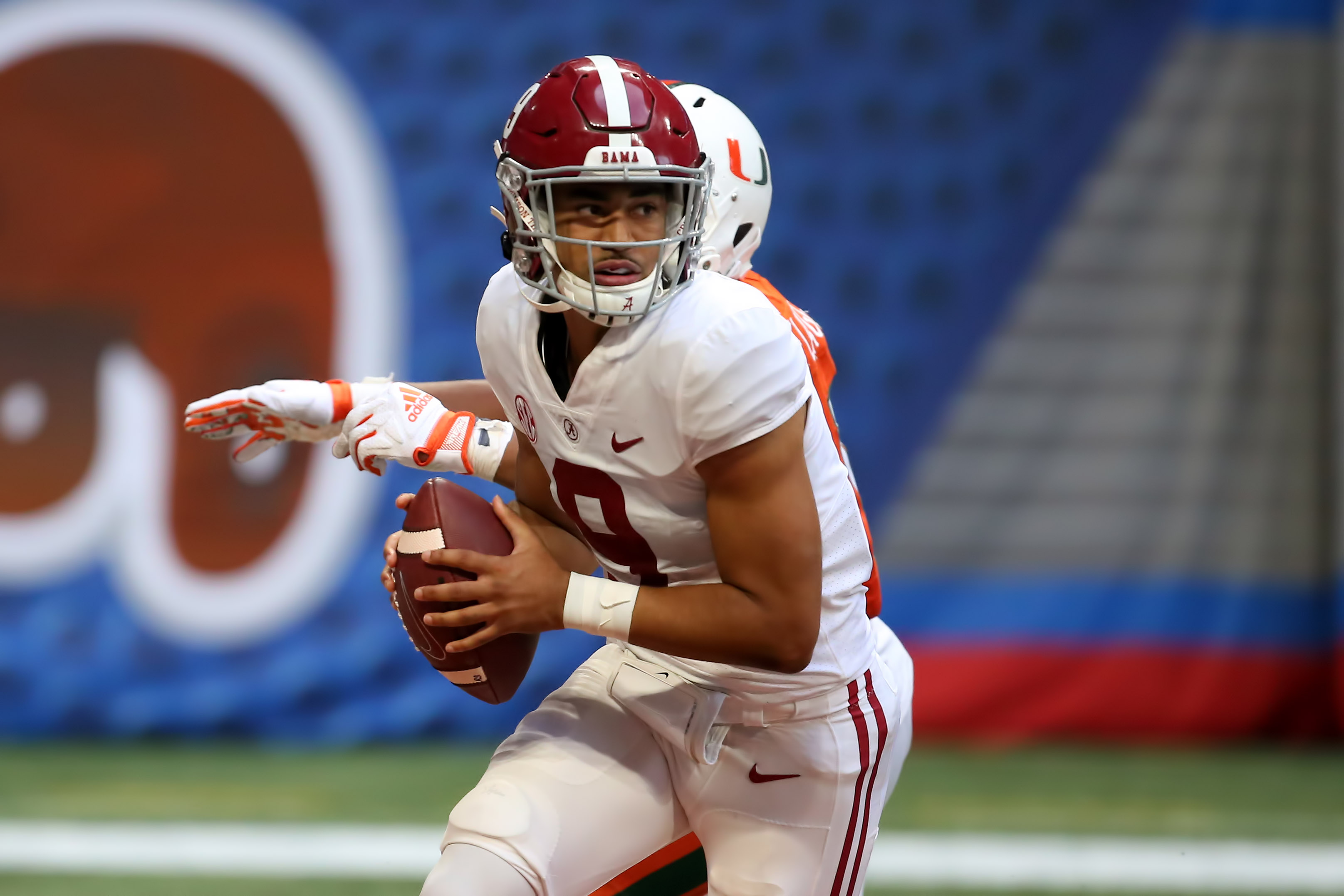 ATLANTA, GA - SEPTEMBER 04: Alabama Crimson Tide quarterback Bryce Young (9) during the Chick-fil-A Kickoff Game between the Miami Hurricanes and the Alabama Crimson Tide on September 4, 2021 at Mercedes Benz Stadium in Atlanta, Georgia.  (Photo by Michael Wade/Icon Sportswire via Getty Images)